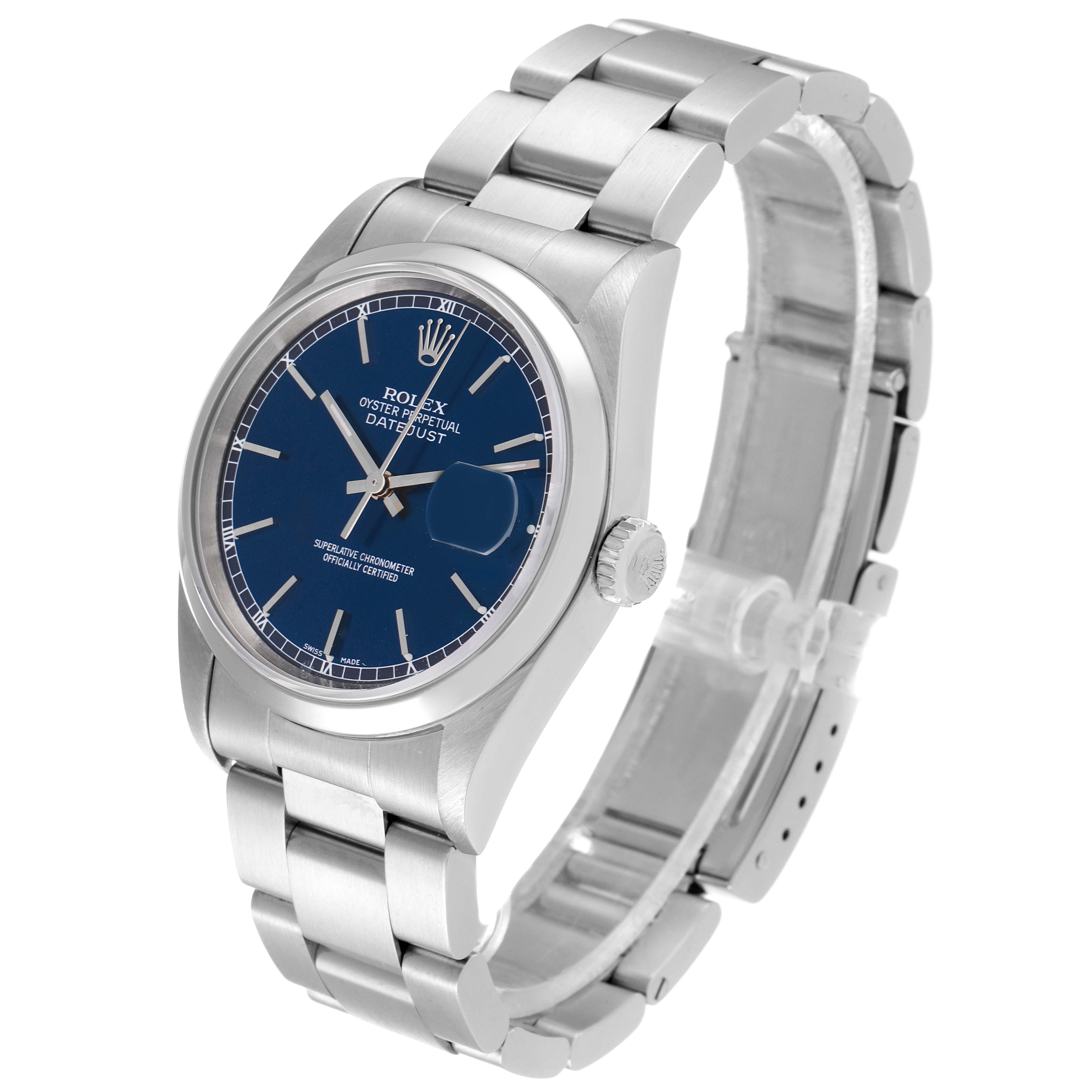 This Rolex Datejust 16200 Men's Stainless Steel Blue Dial 16200 Men's Stainless Steel Blue Dial watch is shown at an angle highlighting the face, crown, and bracelet.