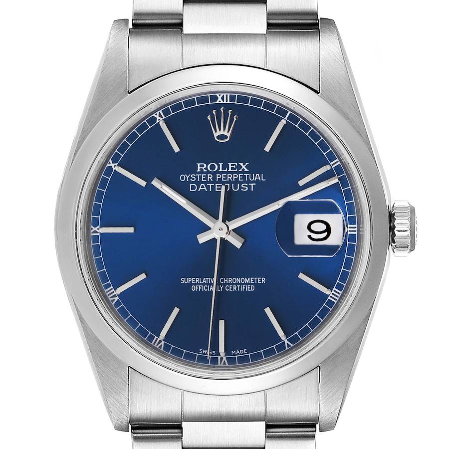 Rolex Datejust Blue Dial Oyster Bracelet Steel Mens Watch 16200 Box Papers SwissWatchExpo