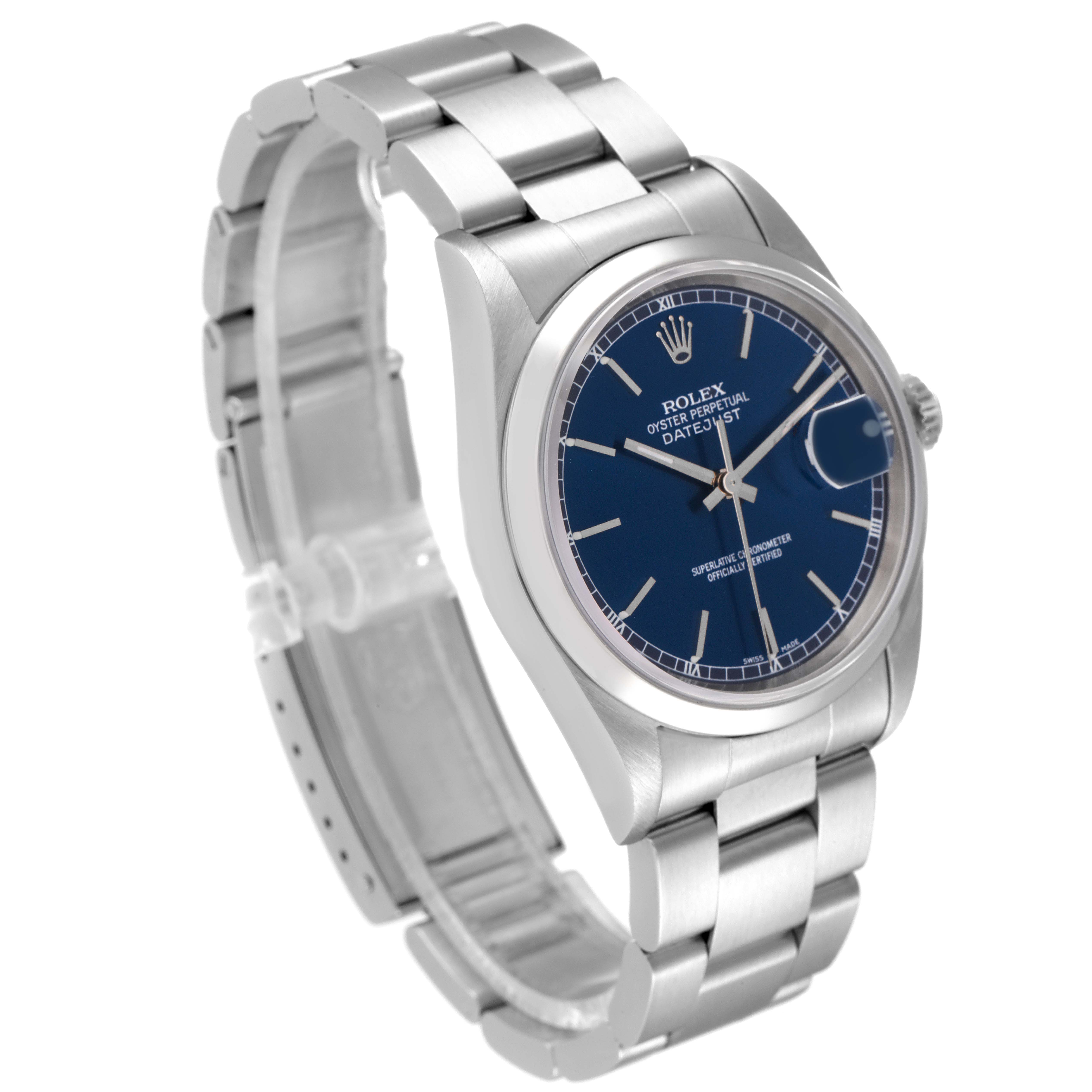 The image shows the Rolex Datejust 16200 Men's Stainless Steel Blue Dial 16200 Men's Stainless Steel Blue Dial watch at a three-quarter view, highlighting its blue dial, case, and metal bracelet.