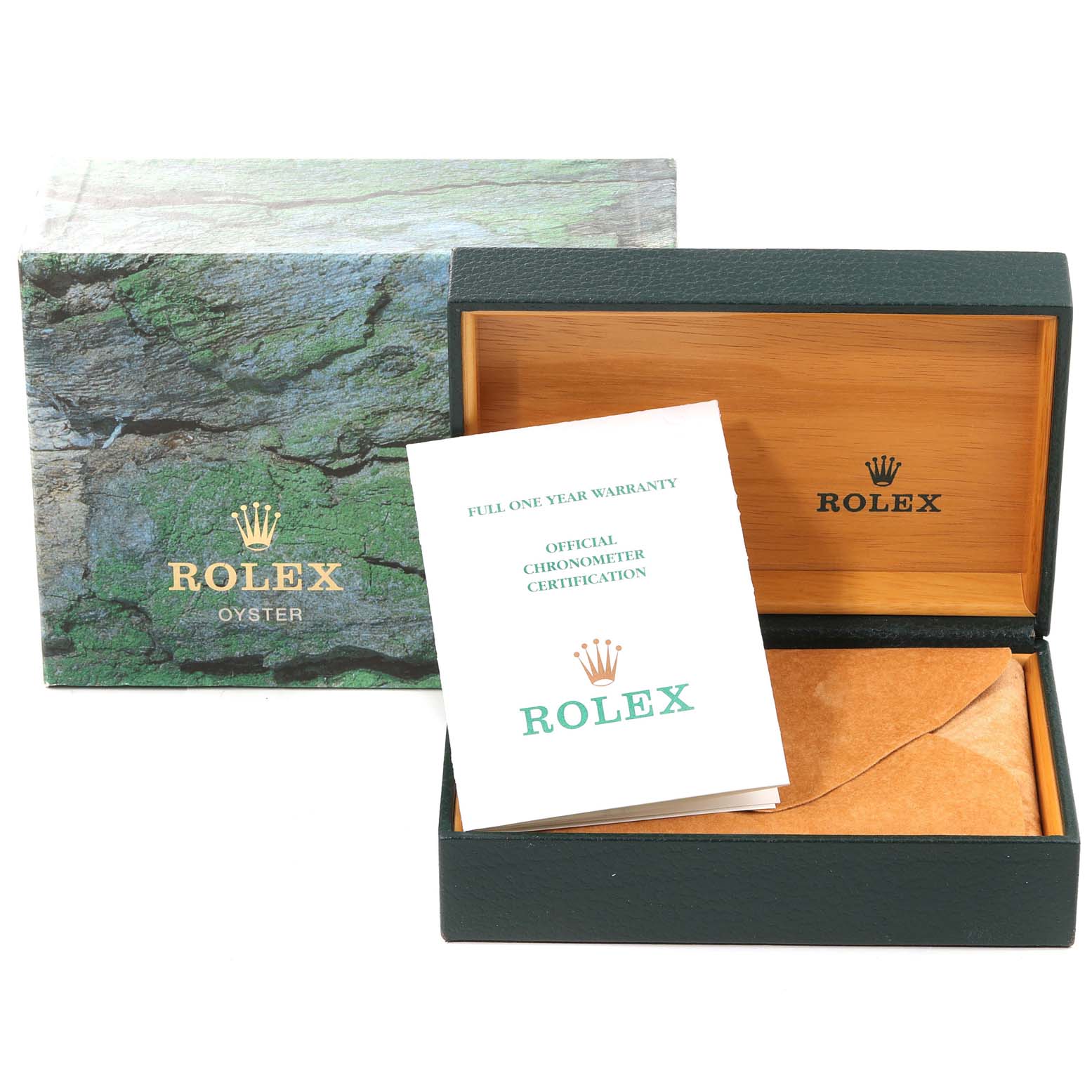Image shows the Rolex Datejust 16200 Men's Stainless Steel Blue Dial 16200 Men's Stainless Steel Blue Dial packaging including the outer box, the inner box, and a certificate booklet.