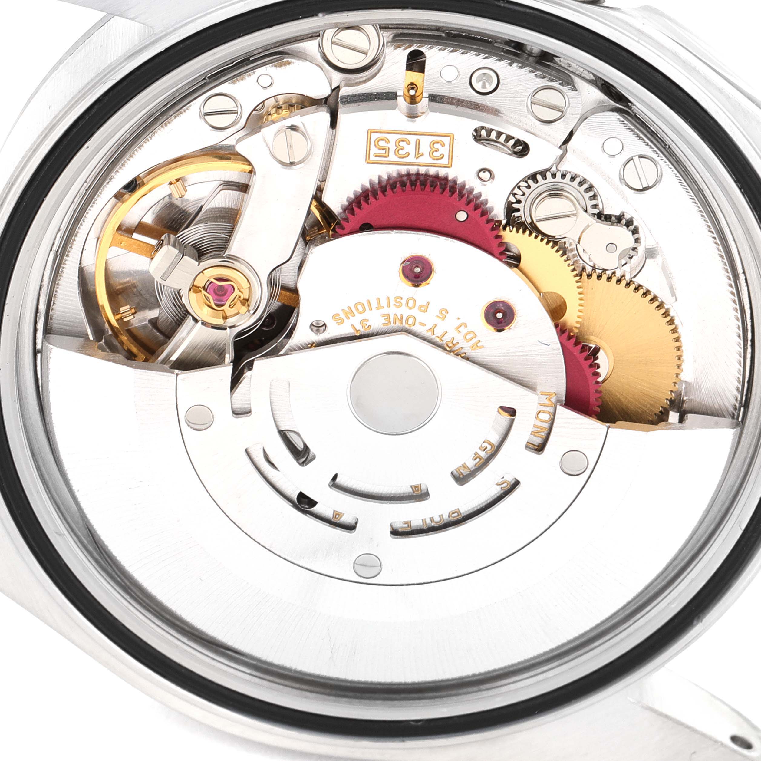 This image shows the internal mechanism and movement parts of a Rolex Datejust 16200 Men's Stainless Steel Blue Dial 16200 Men's Stainless Steel Blue Dial watch from a back angle.
