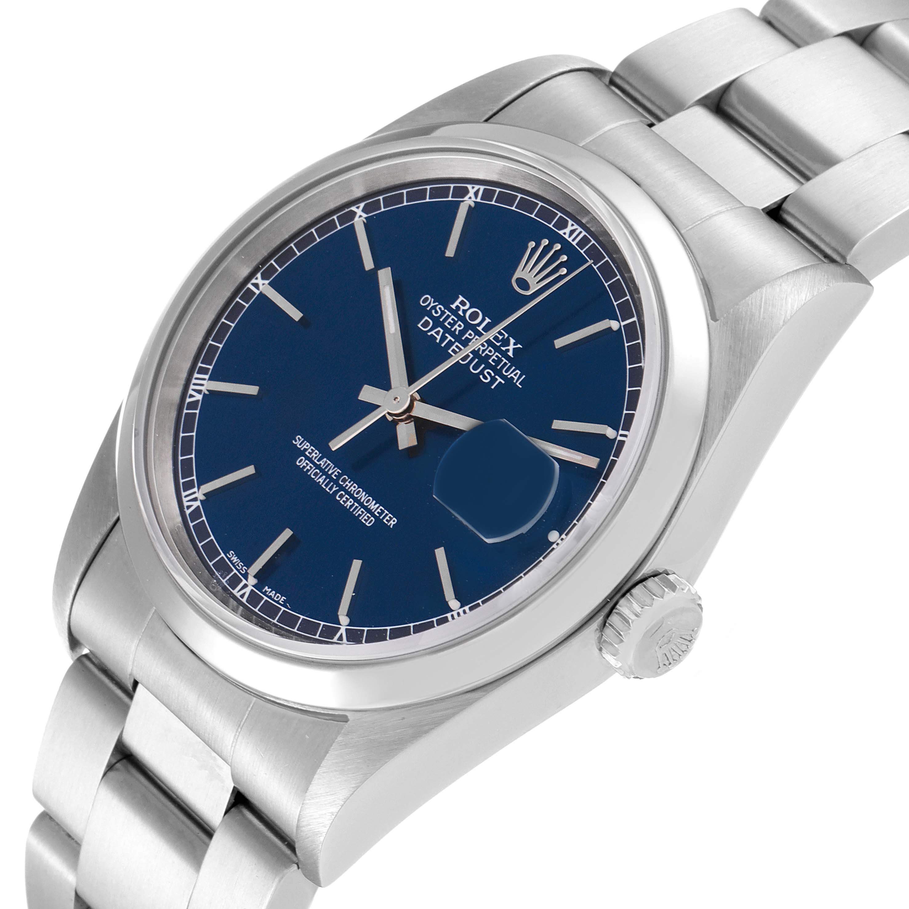 The image shows a Rolex Datejust 16200 Men's Stainless Steel Blue Dial 16200 Men's Stainless Steel Blue Dial watch at a slight angle, highlighting its blue dial, bezel, crown, and part of the bracelet.