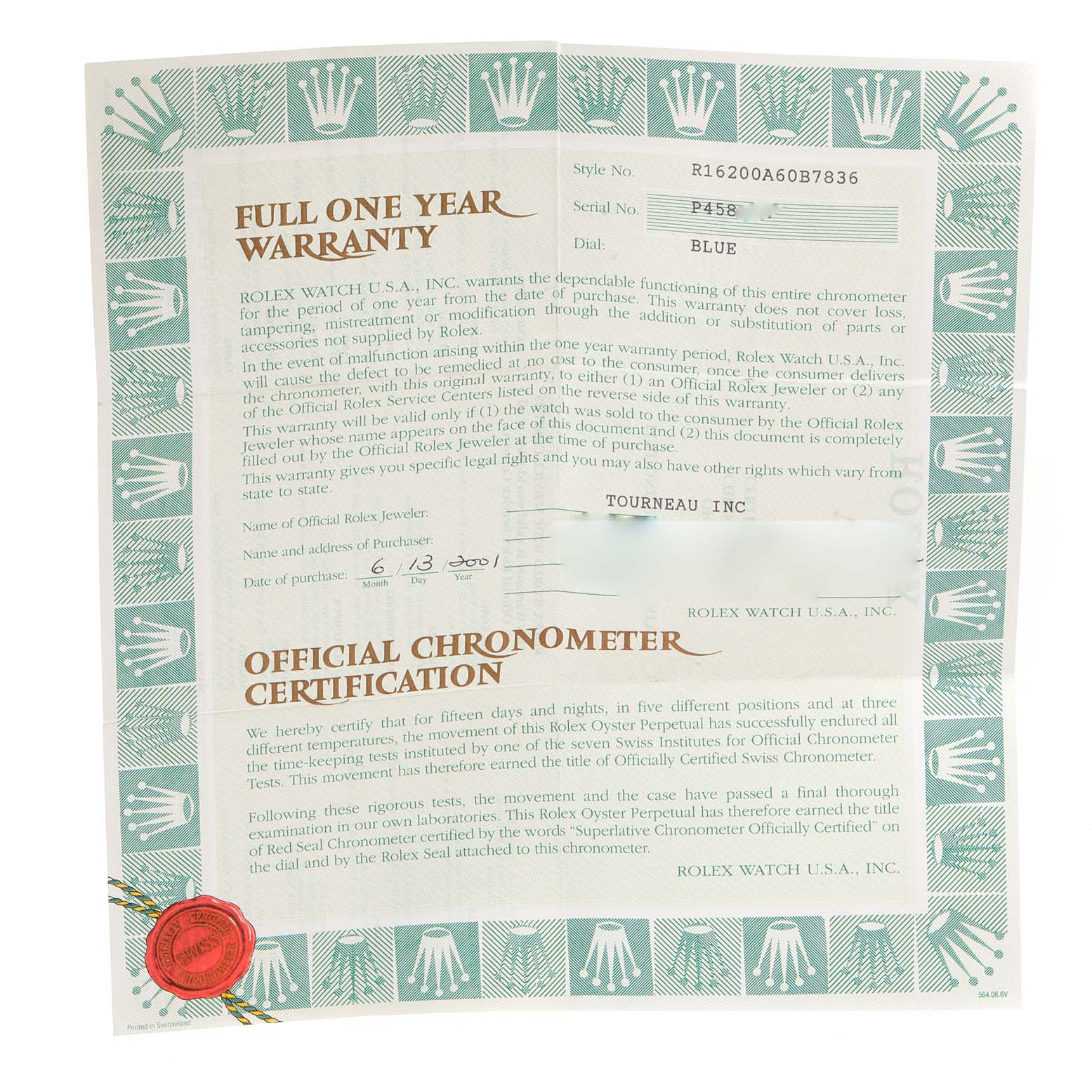 This image shows a warranty and certification document for a Rolex Datejust 16200 Men's Stainless Steel Blue Dial 16200 Men's Stainless Steel Blue Dial watch.