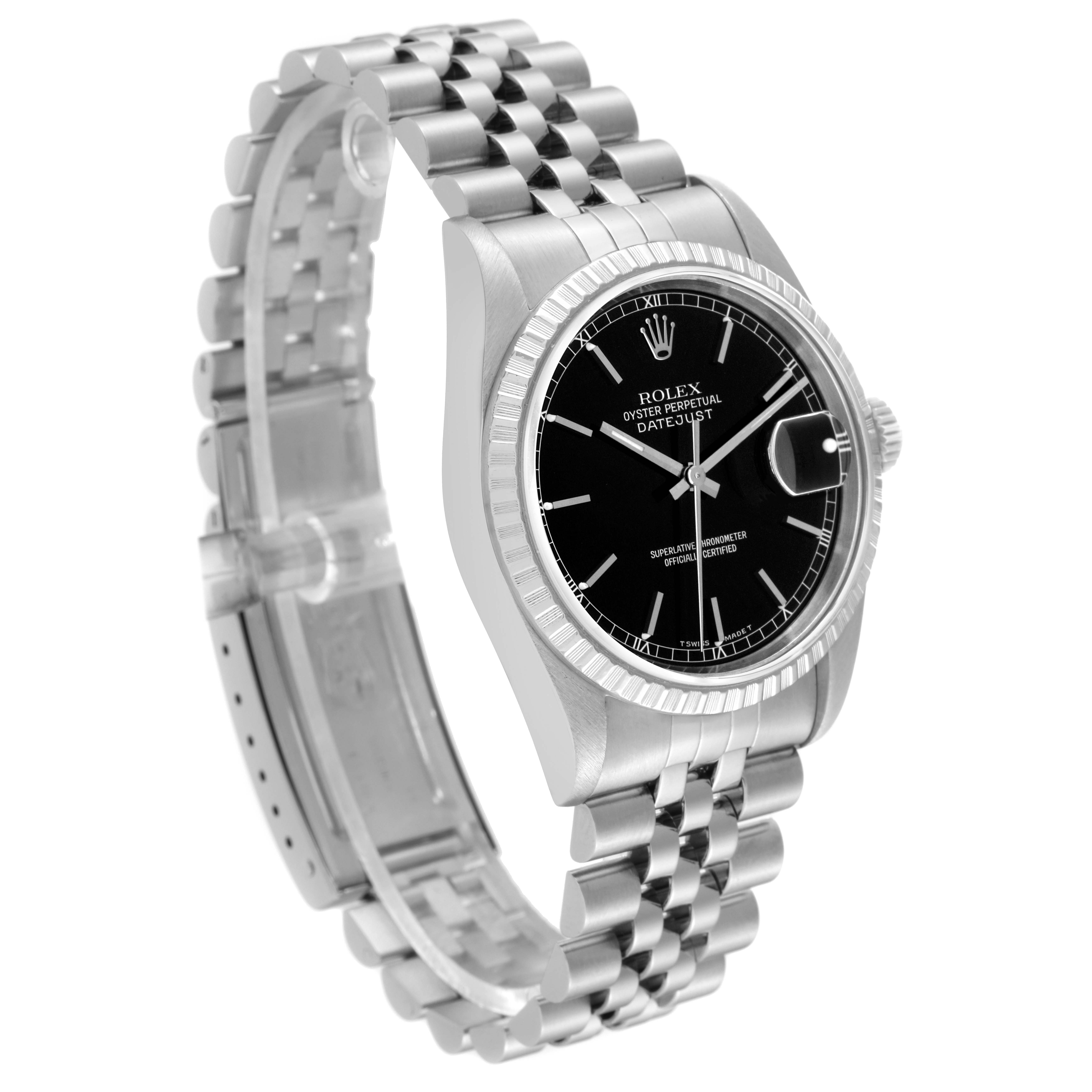The Rolex Datejust 16220 Men's Stainless Steel Black Dial 16220 Men's Stainless Steel Black Dial watch is shown from a front-left angle, displaying its black dial, fluted bezel, and Jubilee bracelet.