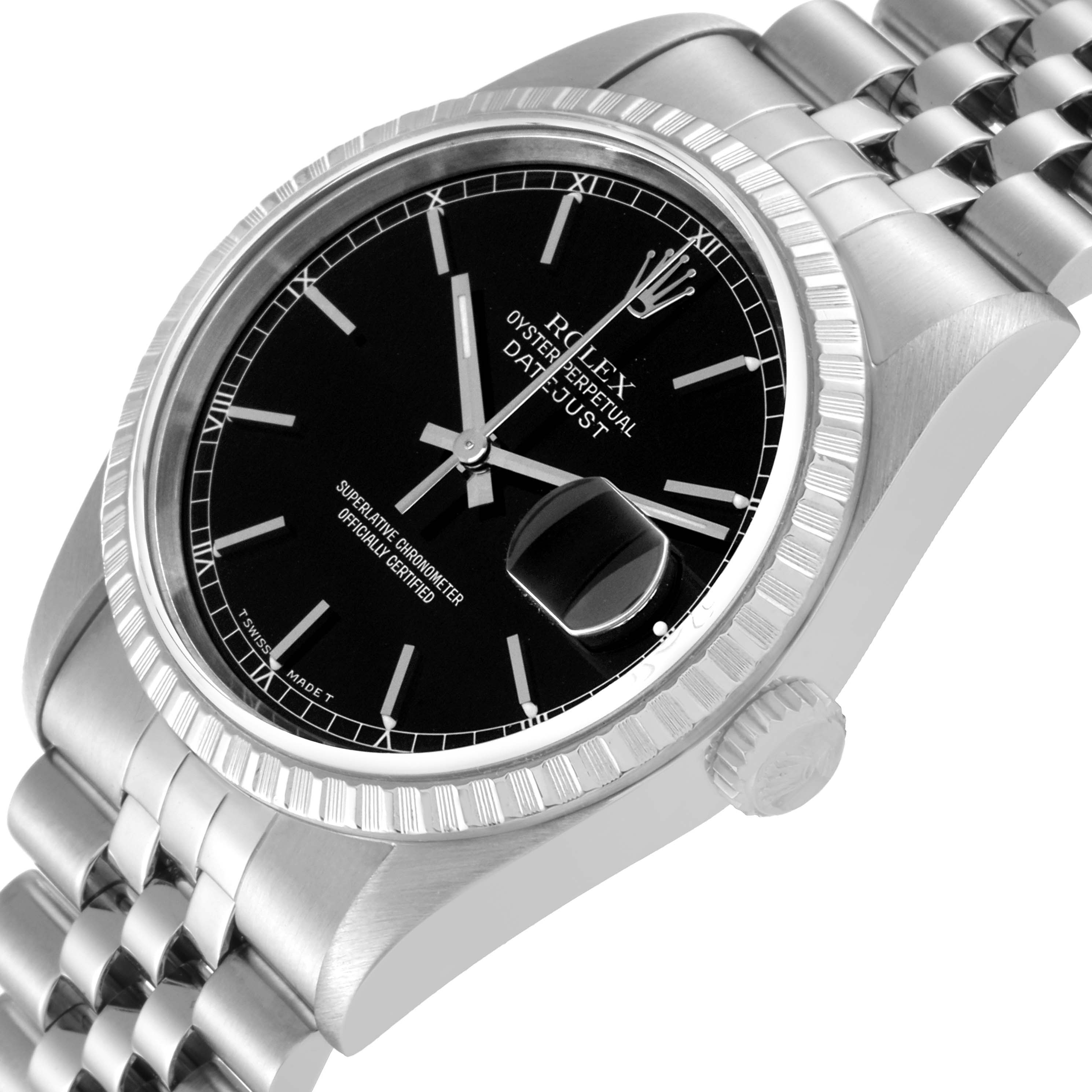 This image shows a Rolex Datejust 16220 Men's Stainless Steel Black Dial 16220 Men's Stainless Steel Black Dial watch in a tilted angle featuring its black dial, fluted bezel, and Jubilee bracelet.