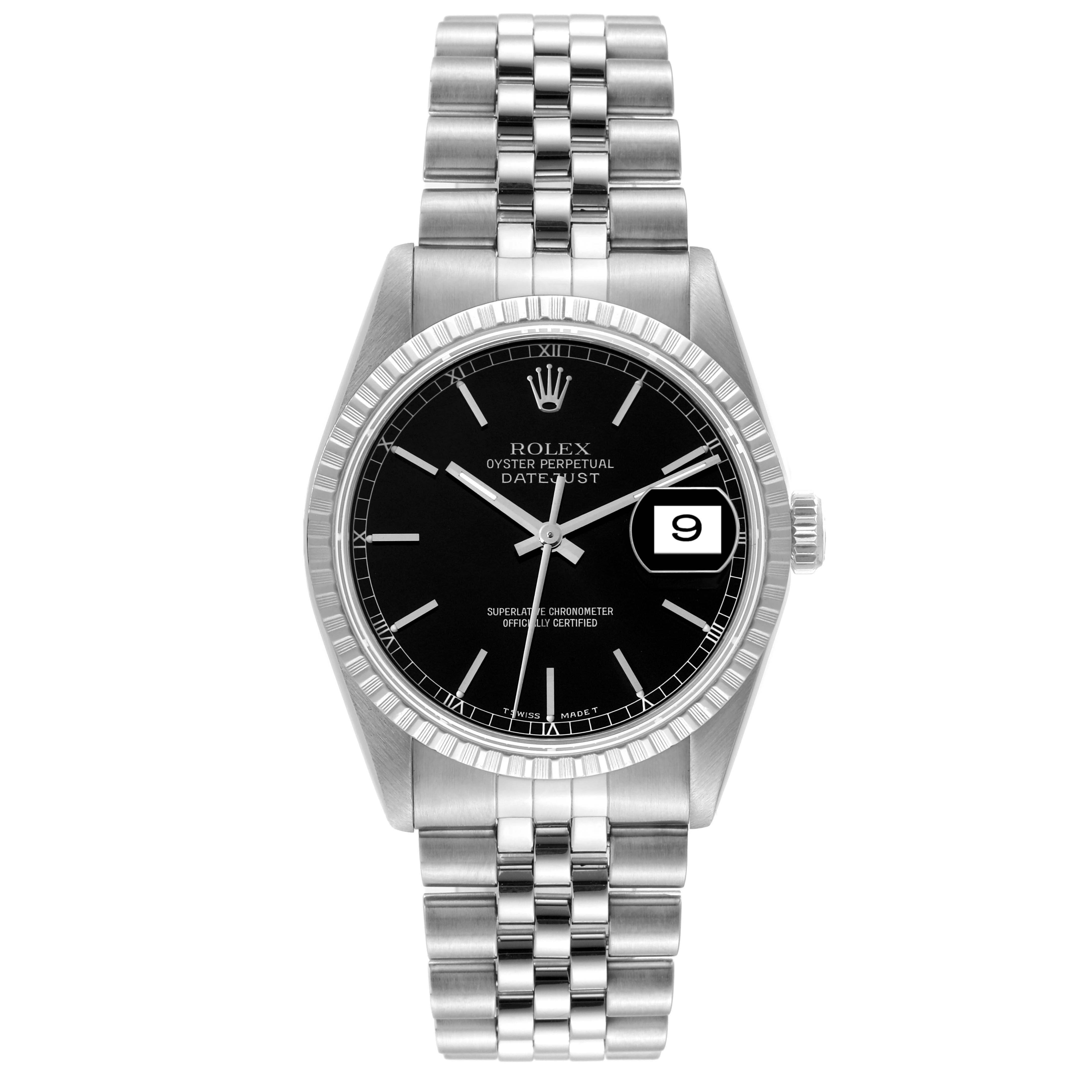 This image shows a frontal view of the Rolex Datejust 16220 Men's Stainless Steel Black Dial 16220 Men's Stainless Steel Black Dial watch, displaying the dial, hands, bezel, and bracelet.
