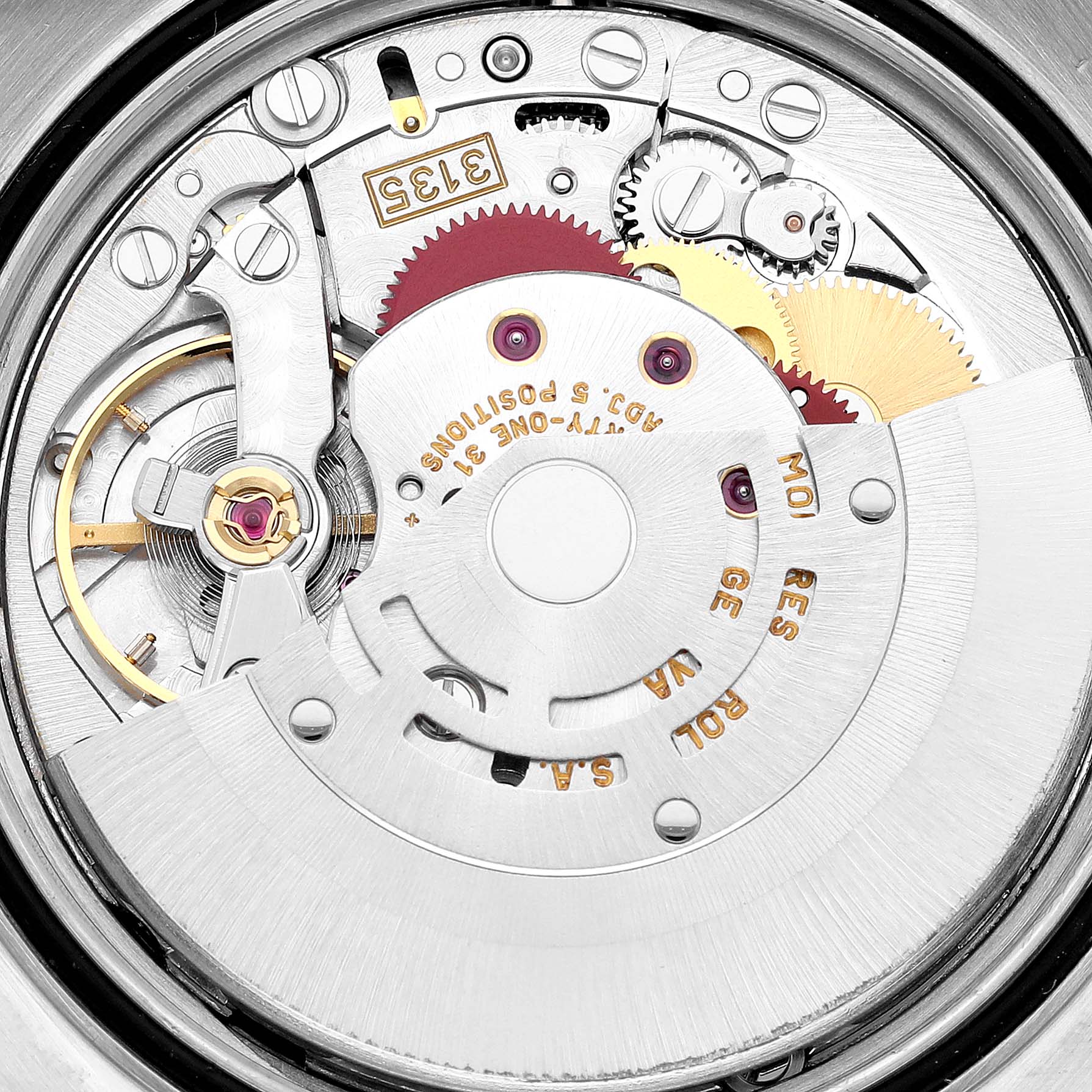 The image shows a close-up of the Rolex Datejust 16220 Men's Stainless Steel Black Dial 16220 Men's Stainless Steel Black Dial's movement, highlighting the intricate gears and components.