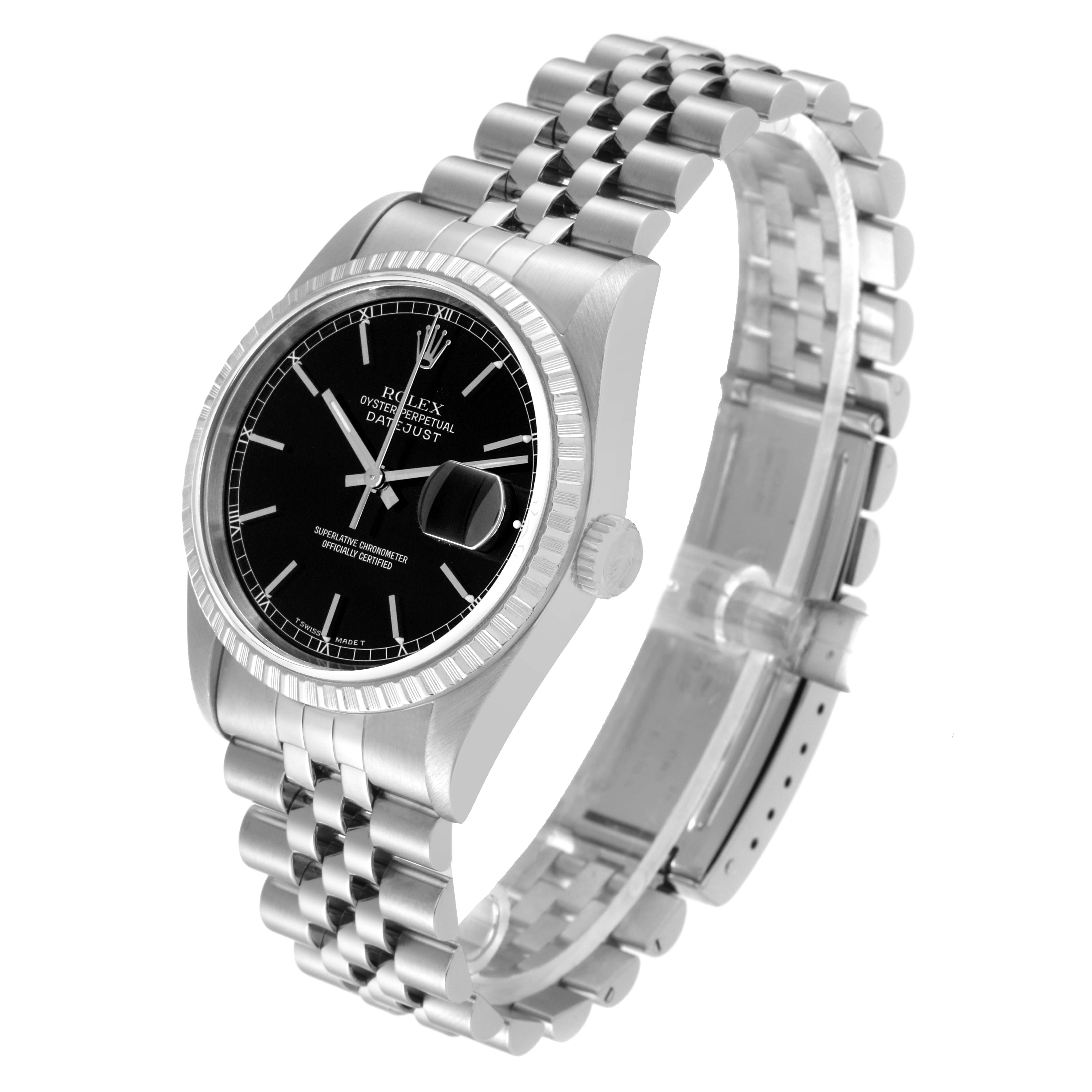 The Rolex Datejust 16220 Men's Stainless Steel Black Dial 16220 Men's Stainless Steel Black Dial watch is shown from a three-quarter angle, displaying the dial, bezel, crown, and jubilee bracelet.