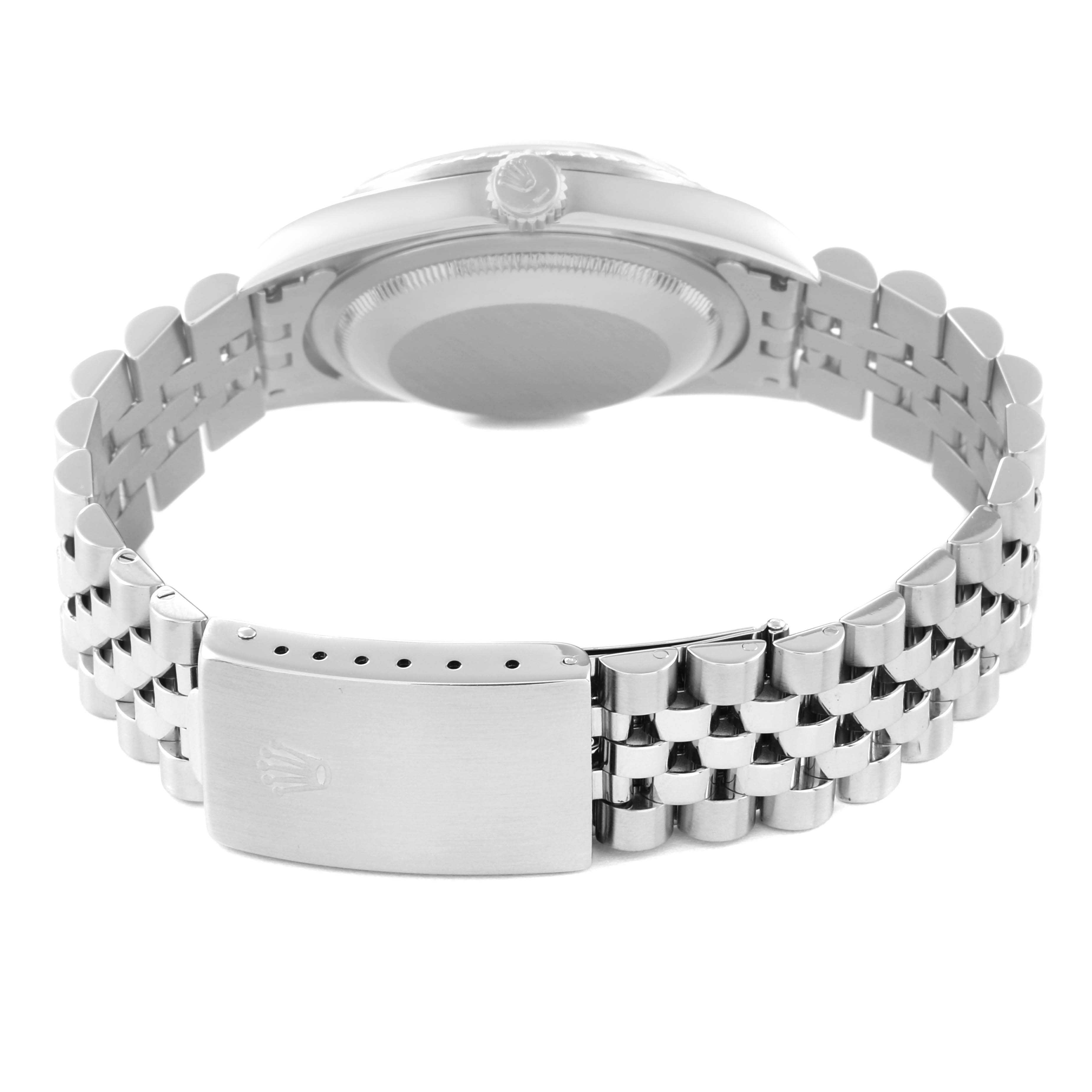 This image shows the back of the Rolex Datejust 16220 Men's Stainless Steel Black Dial 16220 Men's Stainless Steel Black Dial watch, highlighting its clasp, bracelet, and caseback.