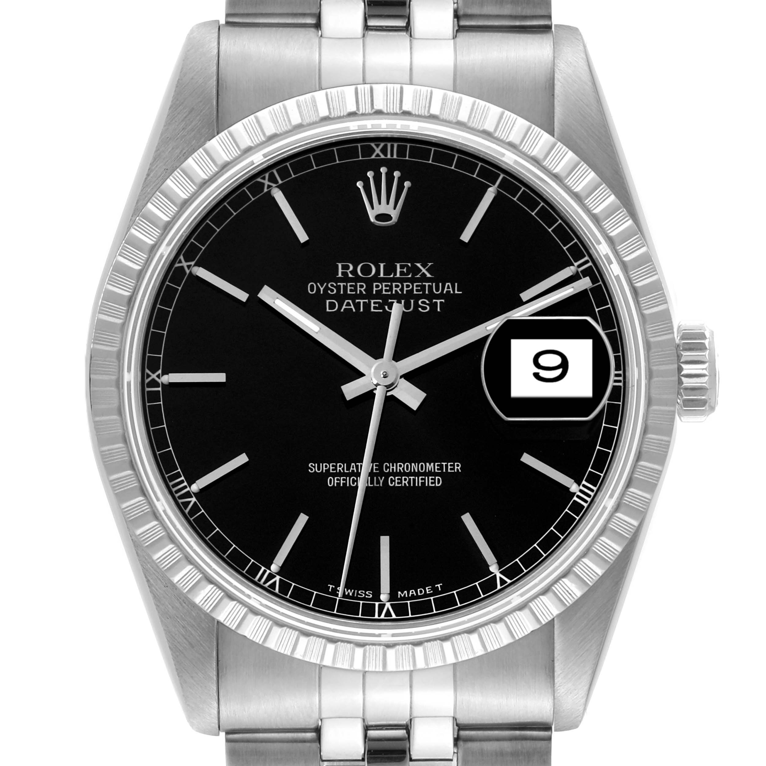 This image shows a front view of a Rolex Datejust 16220 Men's Stainless Steel Black Dial 16220 Men's Stainless Steel Black Dial watch, featuring its black dial, date window, bezel, and bracelet.