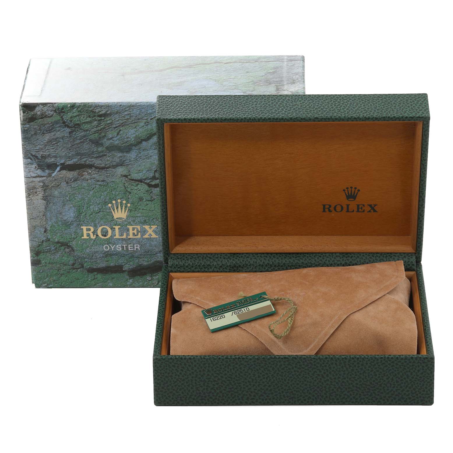 This image shows a Rolex Datejust 16220 Men's Stainless Steel Black Dial 16220 Men's Stainless Steel Black Dial watch box, with interior and exterior packaging visible along with a wrapped tag inside.