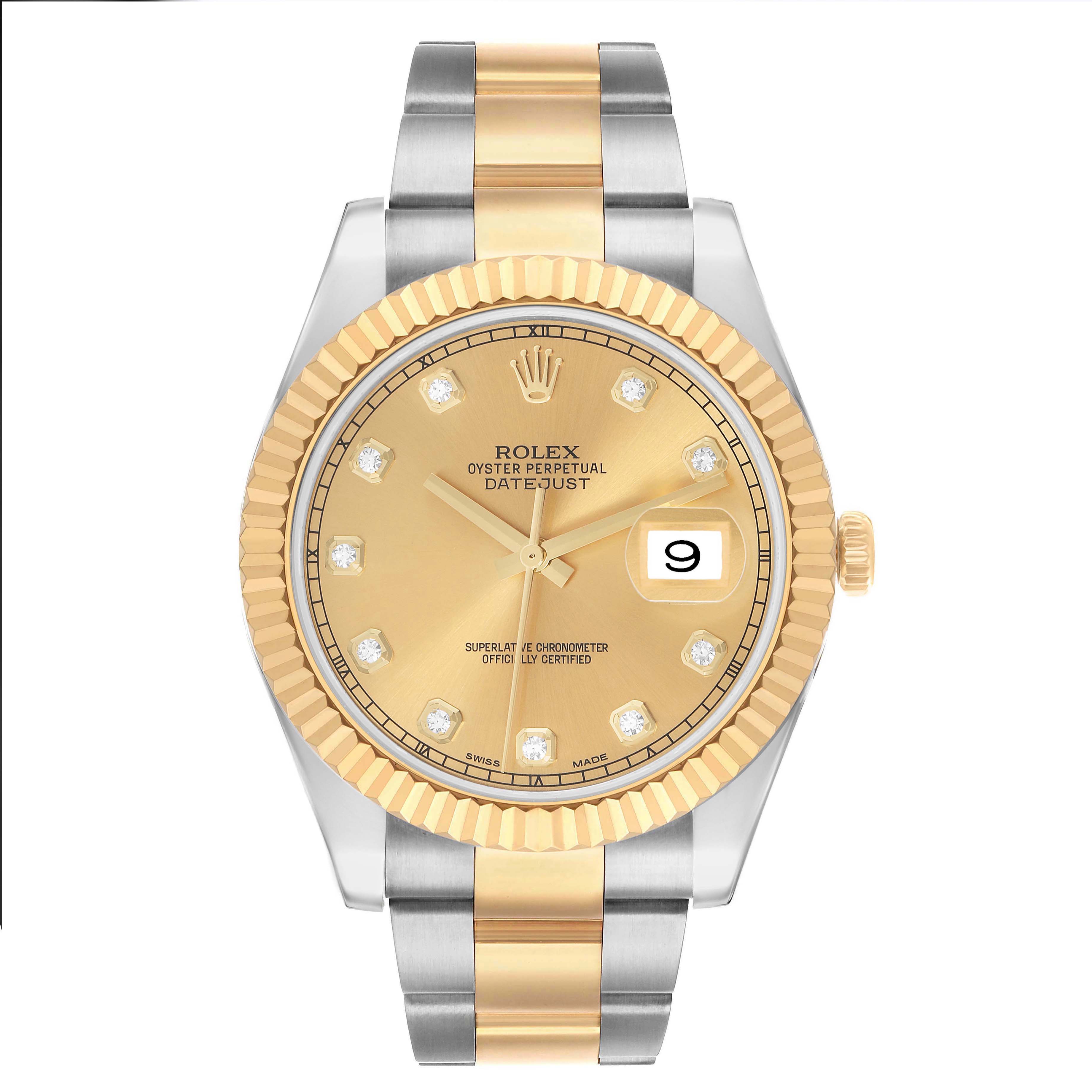 The Rolex Datejust 41 116333 Men's Steel and Gold (two tone) Champagne Dial is shown from the front, highlighting the dial, fluted bezel, bracelet, and date window.