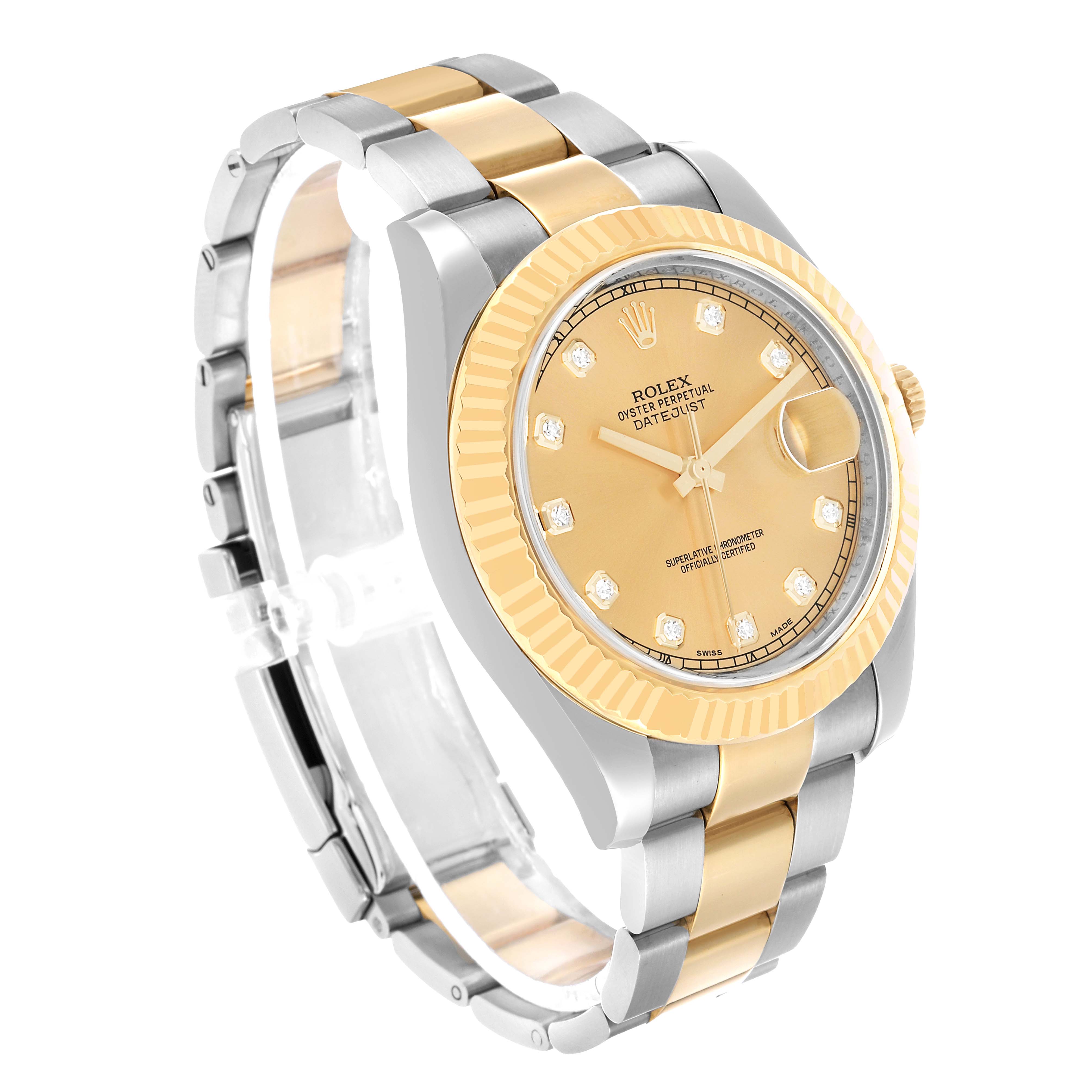 The Rolex Datejust 41 116333 Men's Steel and Gold (two tone) Champagne Dial watch is shown at a slight angle, featuring its dial, bracelet, and bezel prominently.