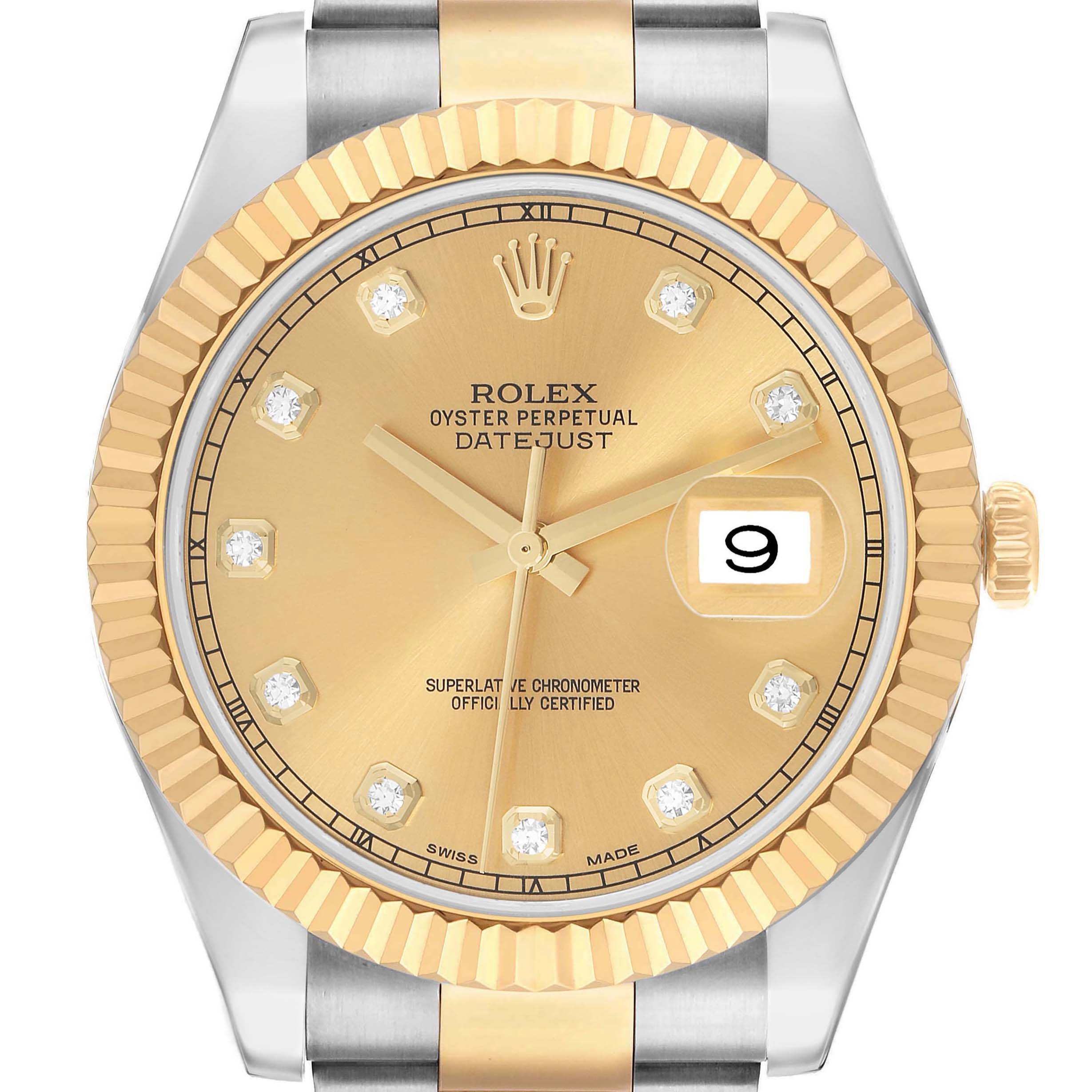 The image shows a Rolex Datejust 41 116333 Men's Steel and Gold (two tone) Champagne Dial watch from the front, highlighting the dial, hands, bezel, and crown.