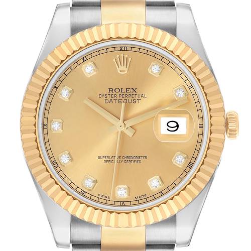 The Rolex Datejust 41 116333 Men's Steel and Gold (two tone) Champagne Dial is shown from the front, highlighting the gold dial, diamond hour markers, fluted bezel, and date window.