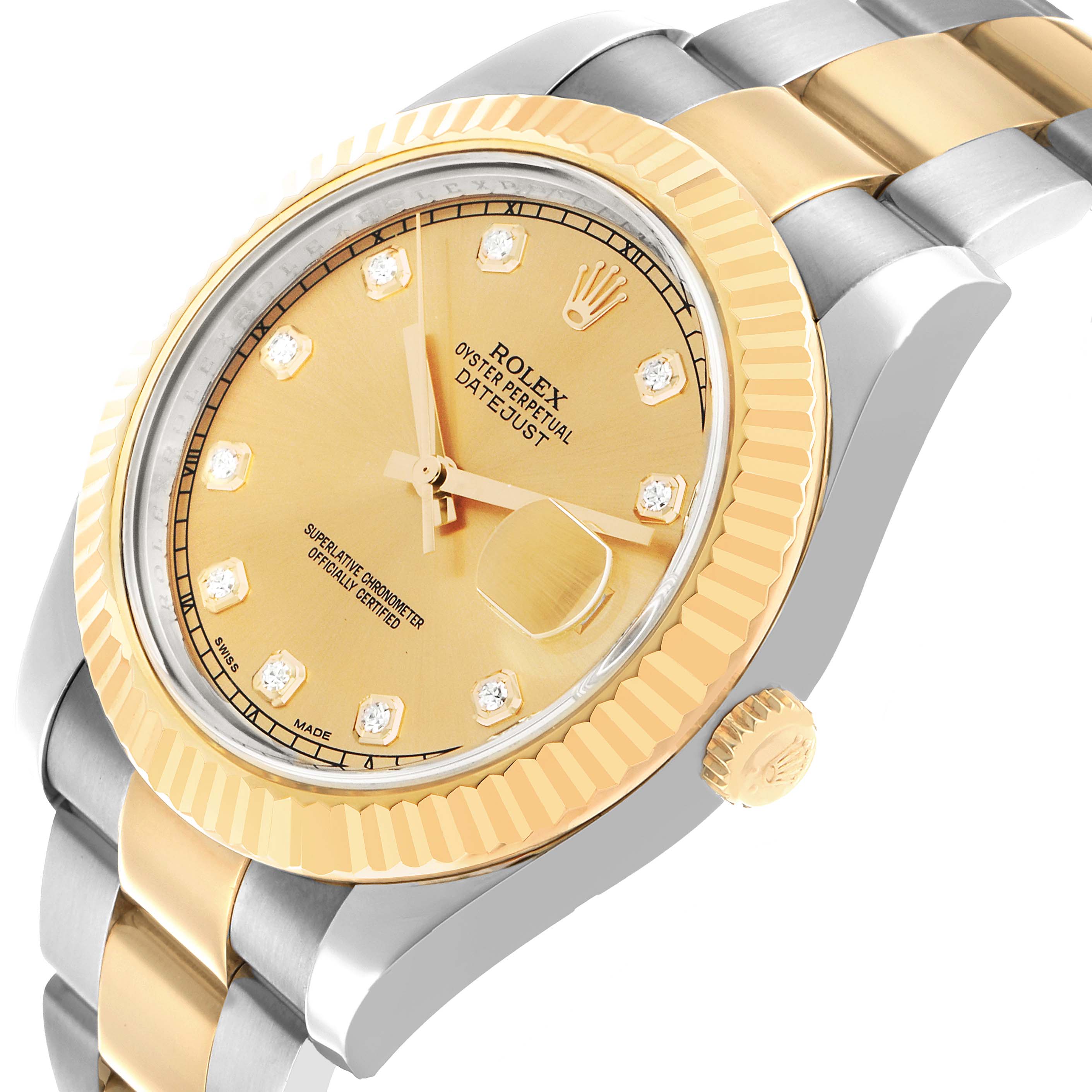 The Rolex Datejust 41 116333 Men's Steel and Gold (two tone) Champagne Dial watch is shown at an angled close-up, highlighting the gold bezel, dial, diamond markers, and two-tone bracelet.