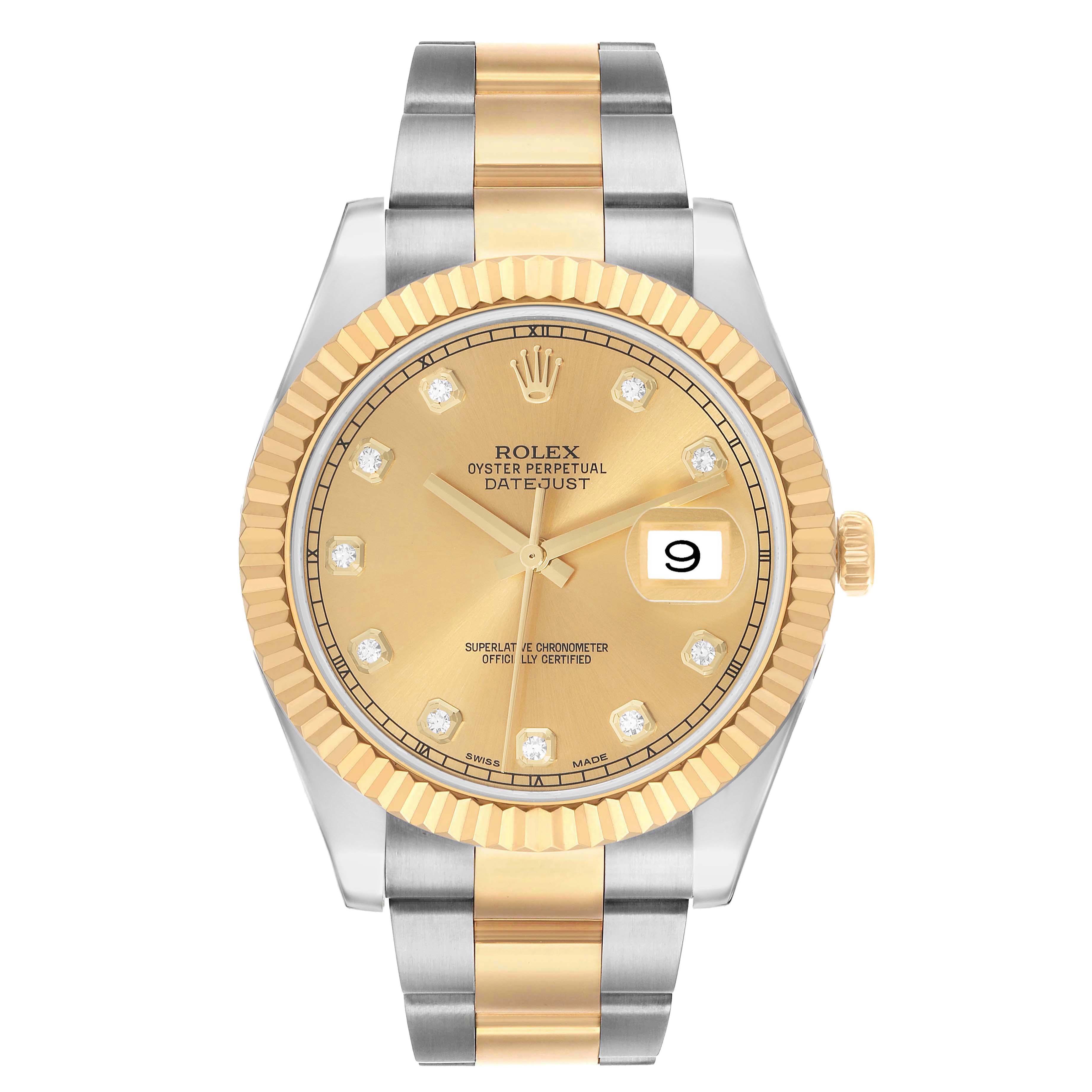 The Rolex Datejust 41 116333 Men's Steel and Gold (two tone) Champagne Dial is shown from a front angle, highlighting the dial, fluted bezel, and two-tone bracelet.