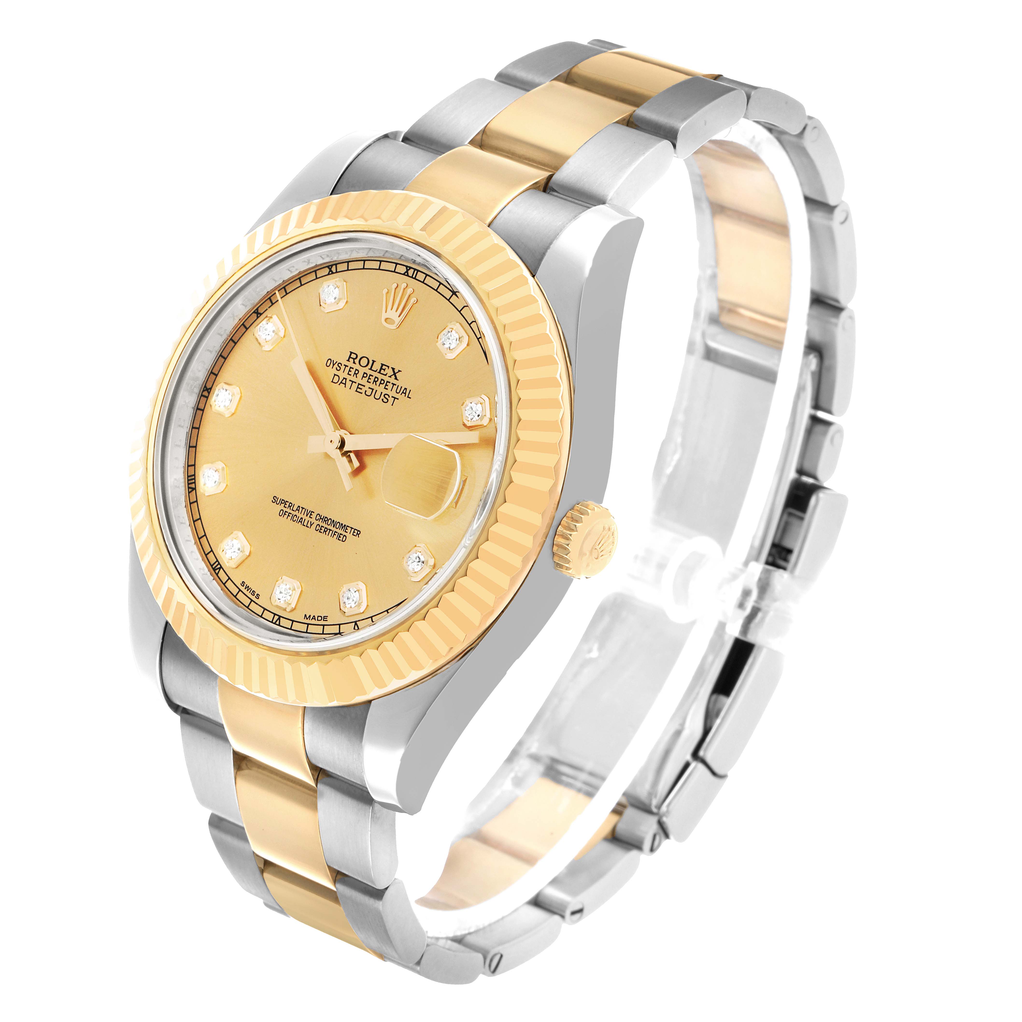 The Rolex Datejust 41 116333 Men's Steel and Gold (two tone) Champagne Dial watch is shown at a three-quarter angle, highlighting the dial, fluted bezel, and two-tone bracelet.