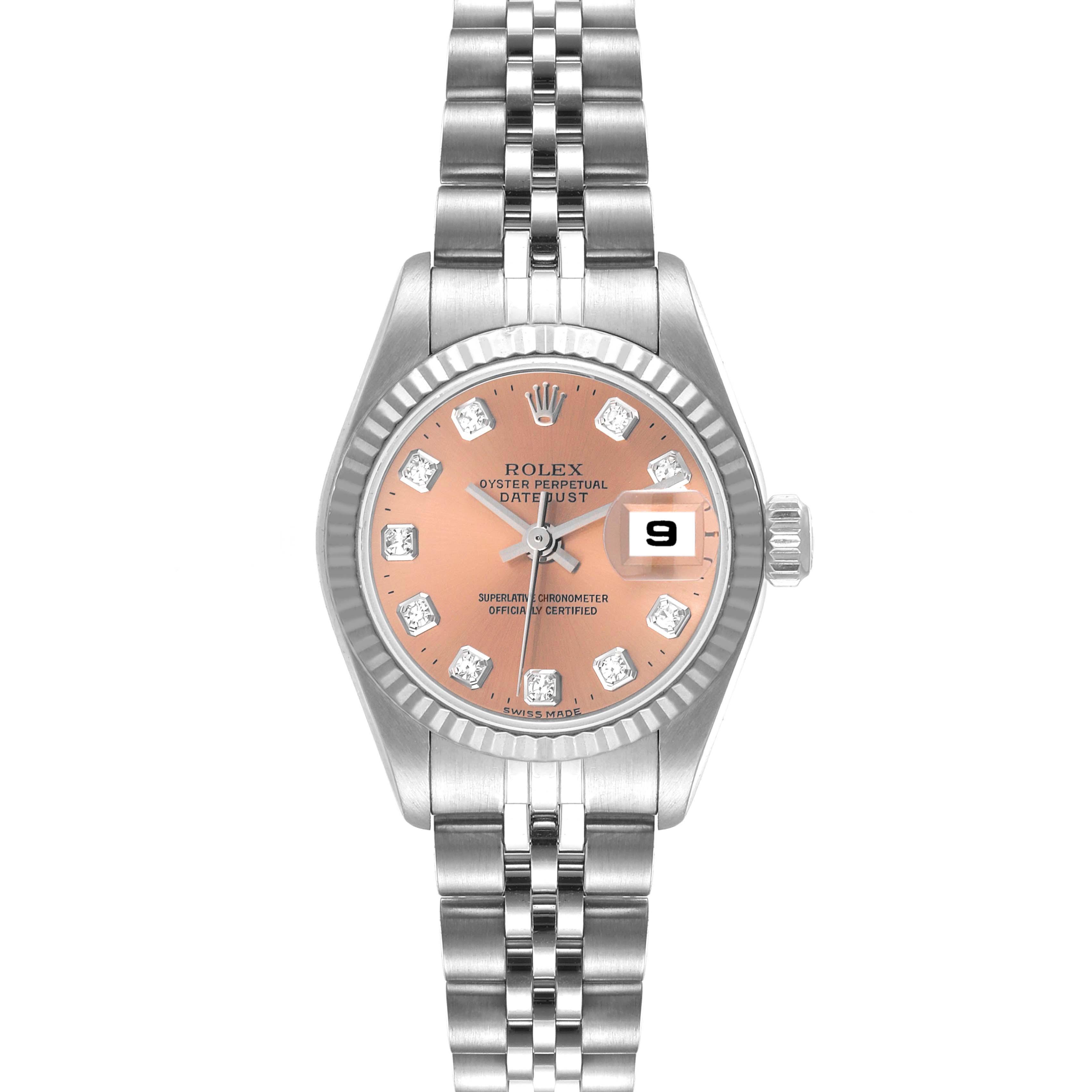 The image shows a frontal view of a Rolex Datejust 79174 Women's Stainless Steel Pink Dial 79174 Women's Stainless Steel Pink Dial watch, highlighting its face, Jubilee bracelet, and date display.