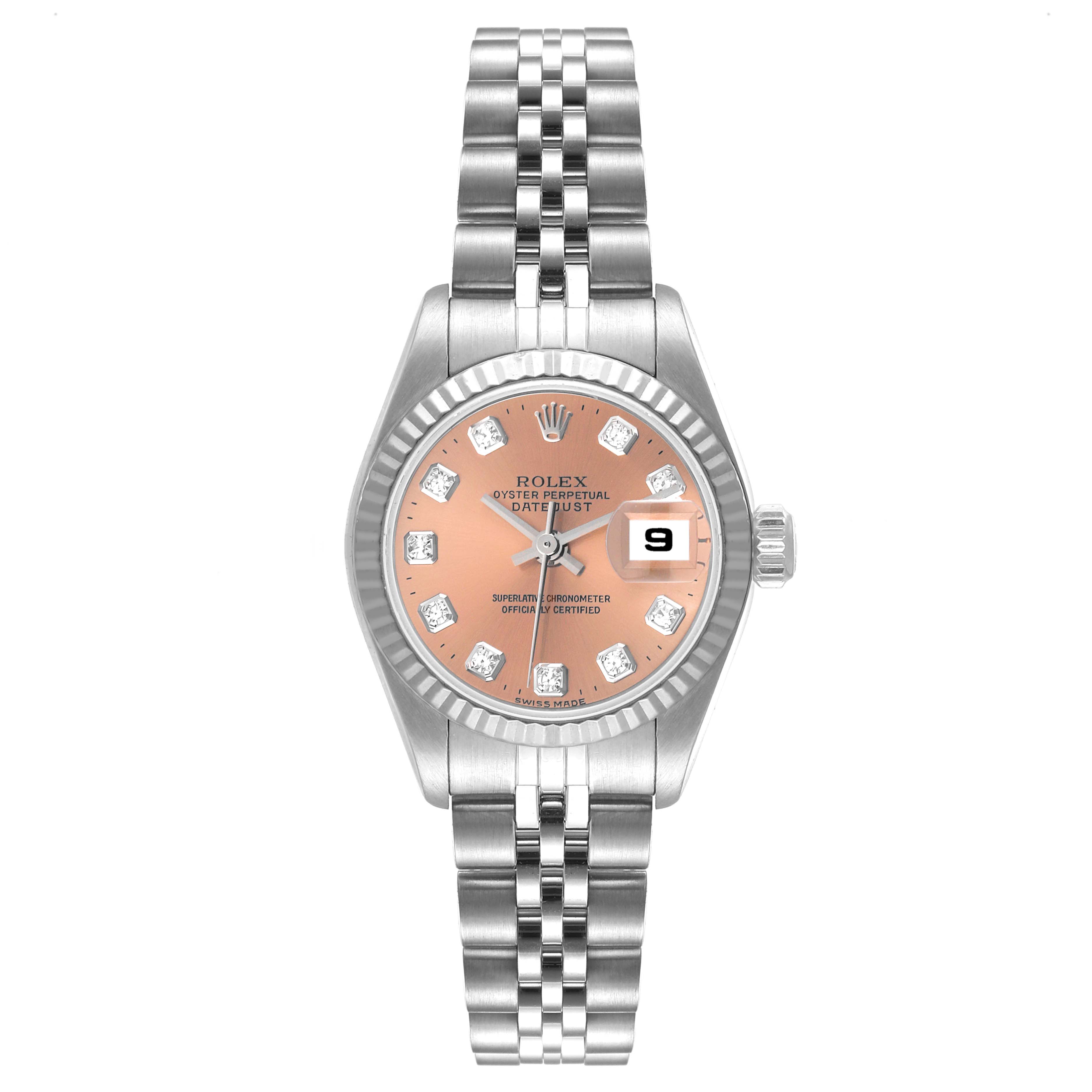 The image shows a front view of the Rolex Datejust 79174 Women's Stainless Steel Pink Dial 79174 Women's Stainless Steel Pink Dial watch displaying the face, bezel, and bracelet.
