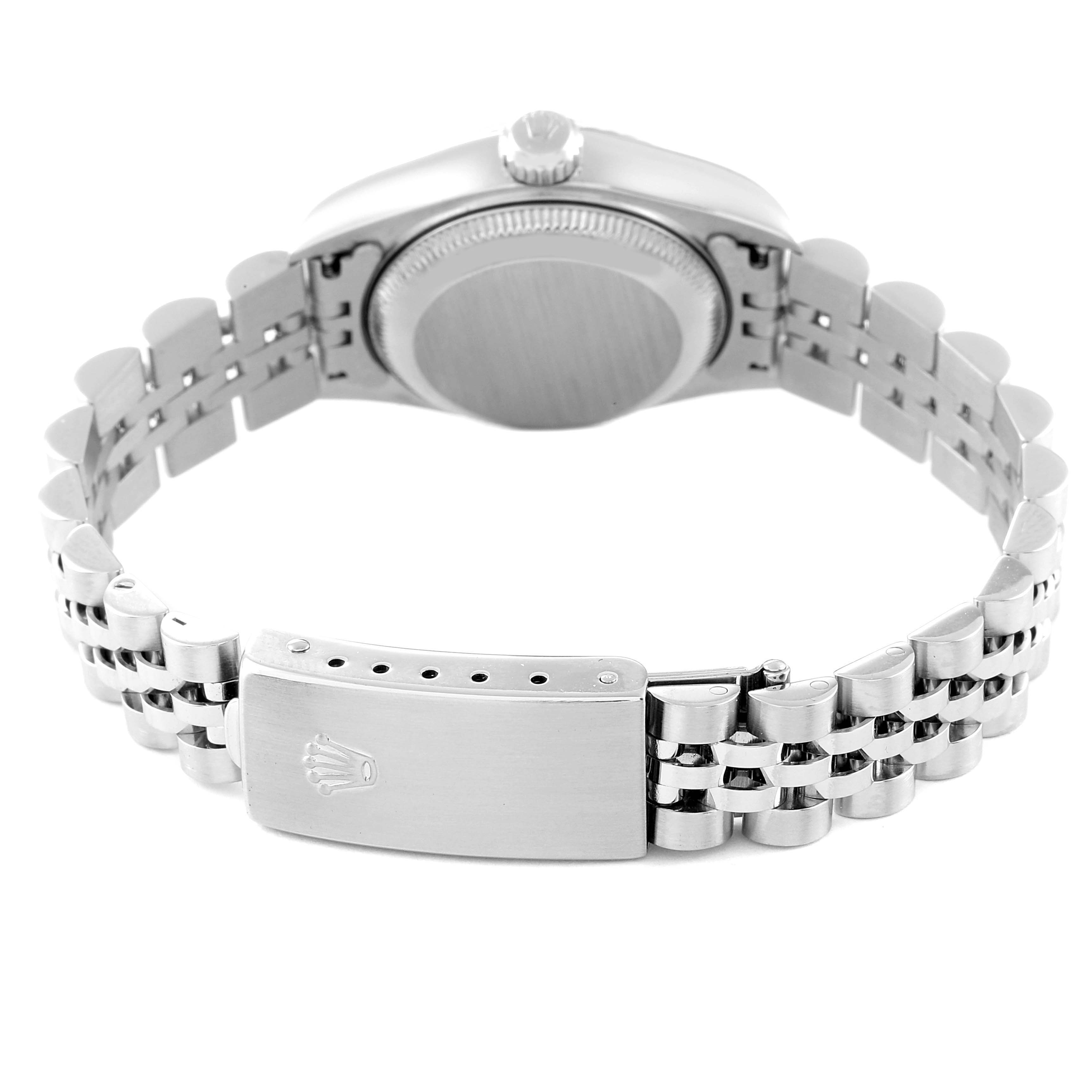 This image shows the back view of a Rolex Datejust 79174 Women's Stainless Steel Pink Dial 79174 Women's Stainless Steel Pink Dial watch, highlighting the case back and clasp of the bracelet.