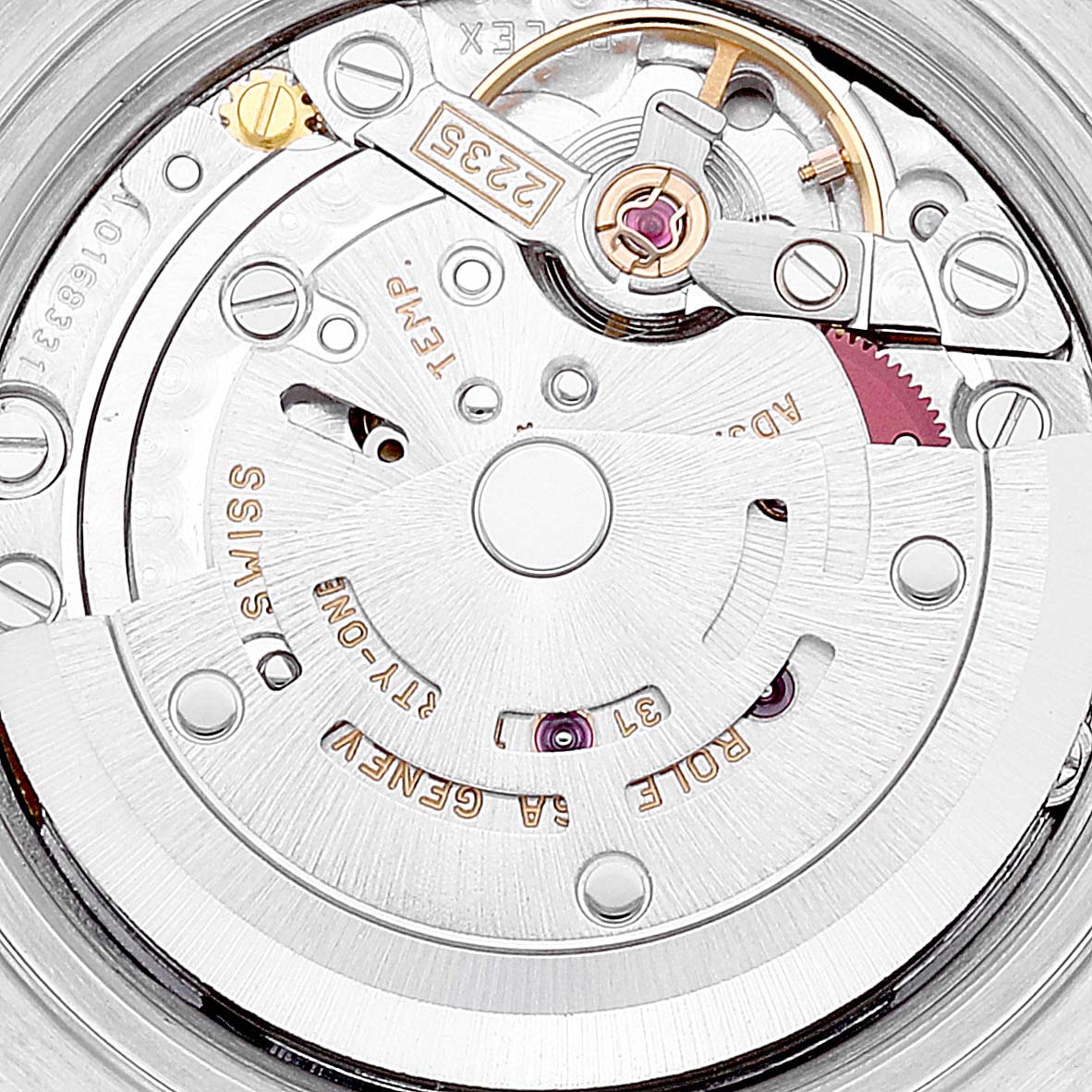 The image shows a close-up view of the movement mechanism of a Rolex Datejust 79174 Women's Stainless Steel Blue Dial 79174 Women's Stainless Steel Blue Dial watch.