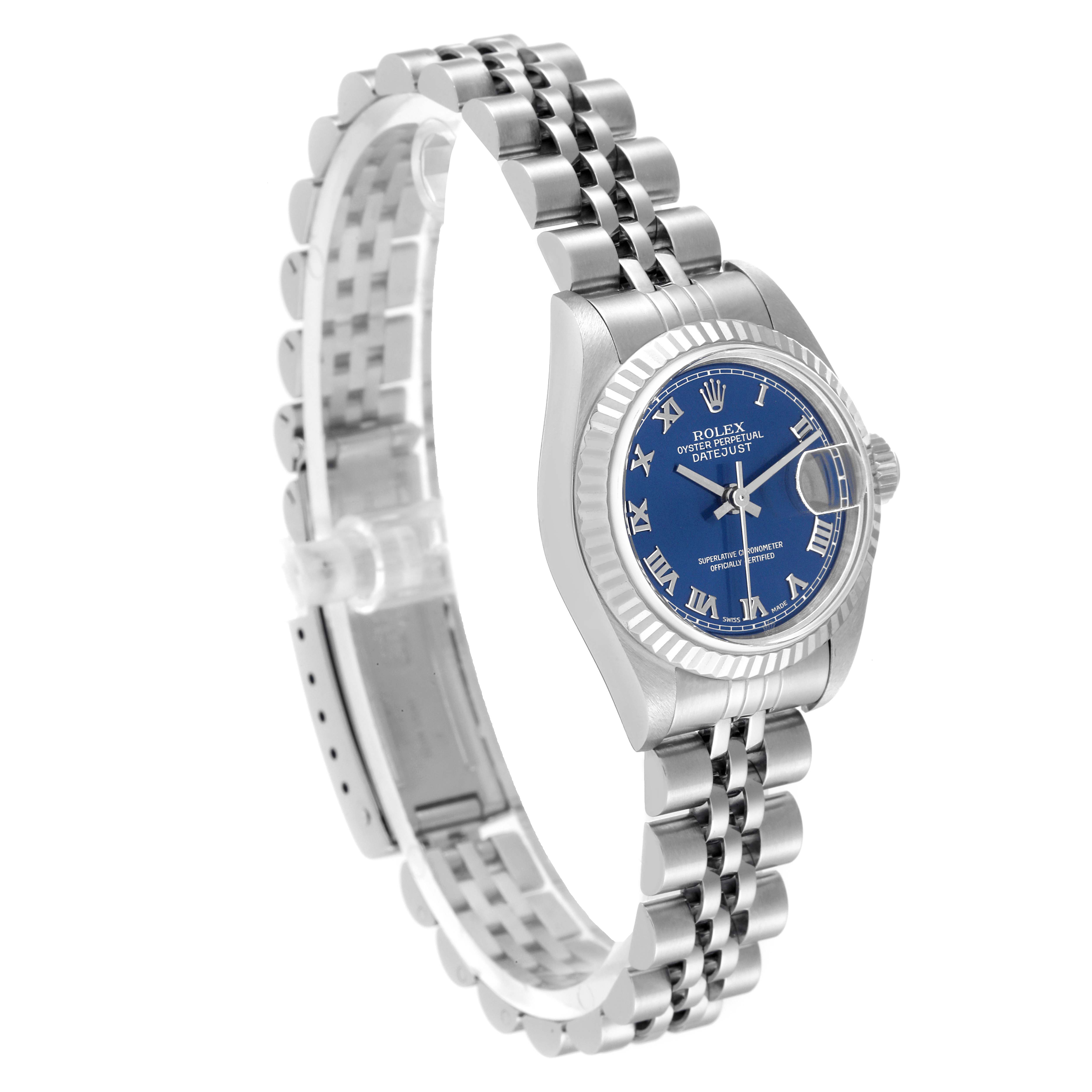 The Rolex Datejust 79174 Women's Stainless Steel Blue Dial 79174 Women's Stainless Steel Blue Dial watch is shown at a three-quarter angle, highlighting the bracelet, dial, and fluted bezel.