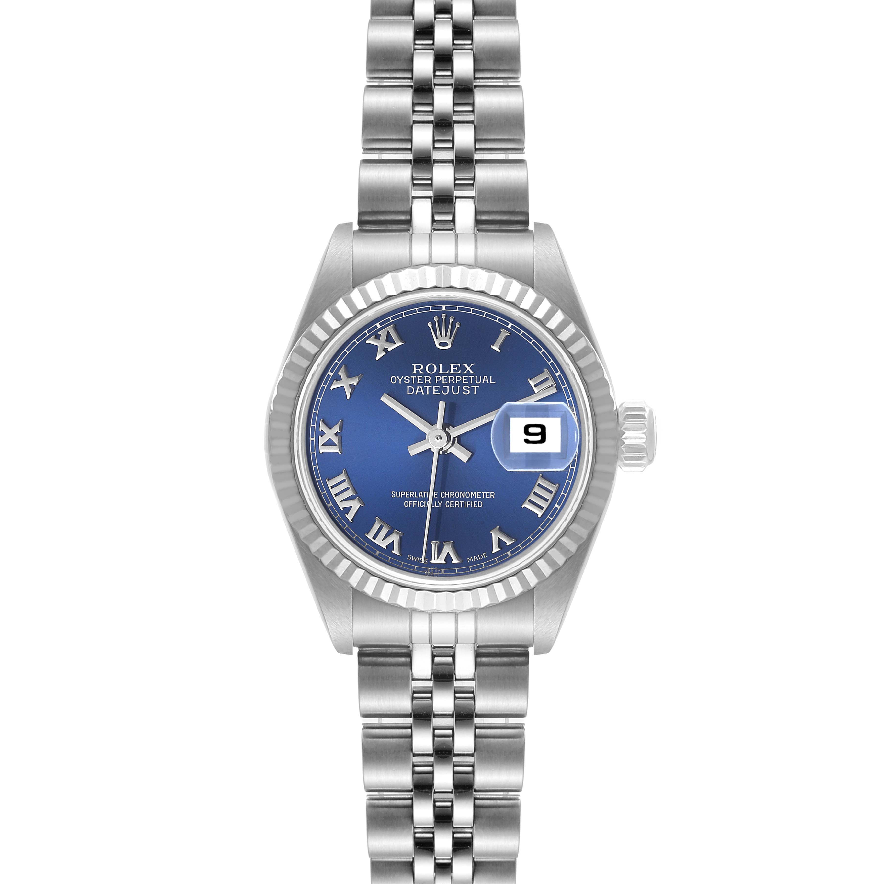 The image shows a front view of a Rolex Datejust 79174 Women's Stainless Steel Blue Dial 79174 Women's Stainless Steel Blue Dial watch, highlighting its blue dial, date window, and stainless steel bracelet.