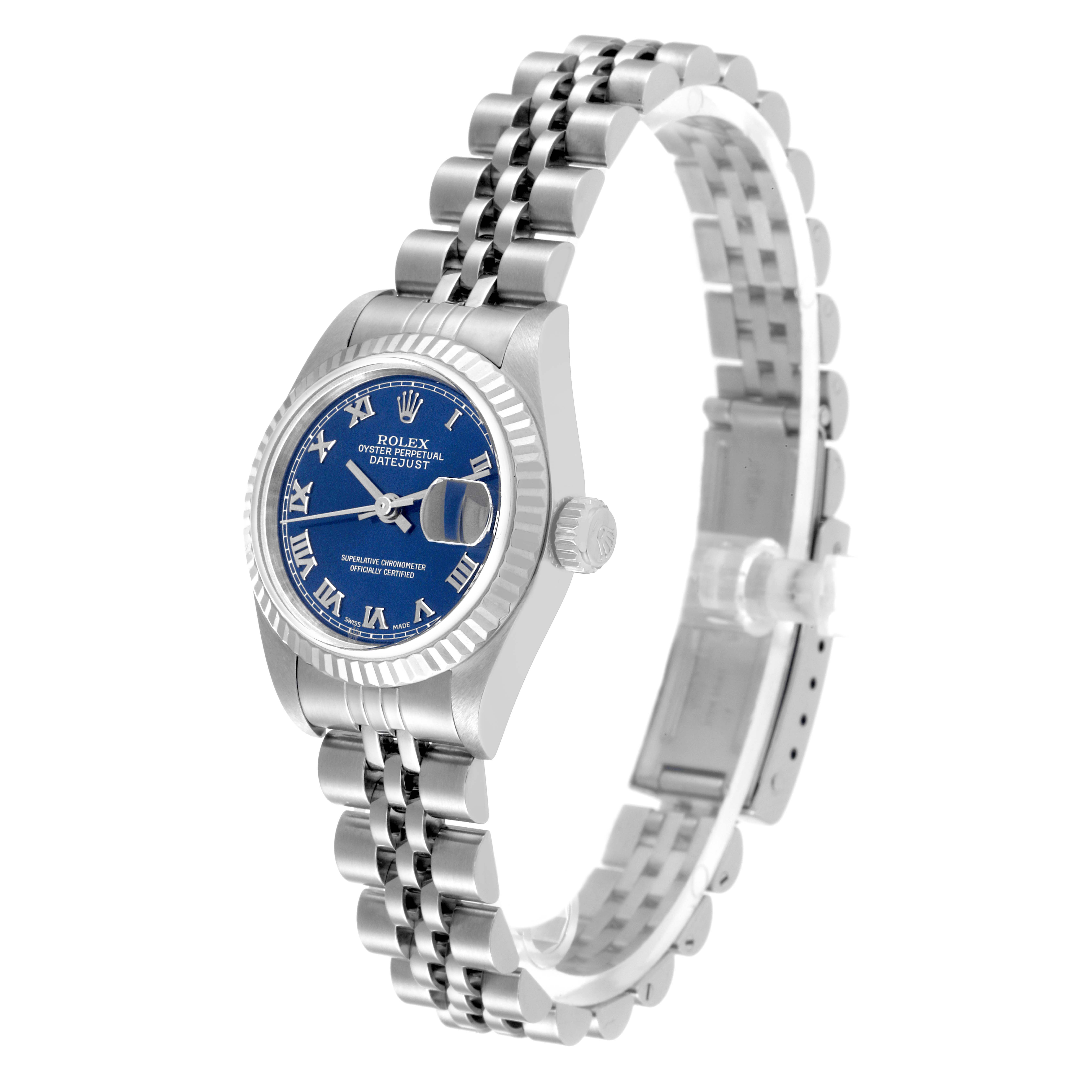 Rolex Datejust 79174 Women's Stainless Steel Blue Dial 79174 Women's Stainless Steel Blue Dial watch shown at a three-quarter angle with a blue dial and jubilee bracelet.