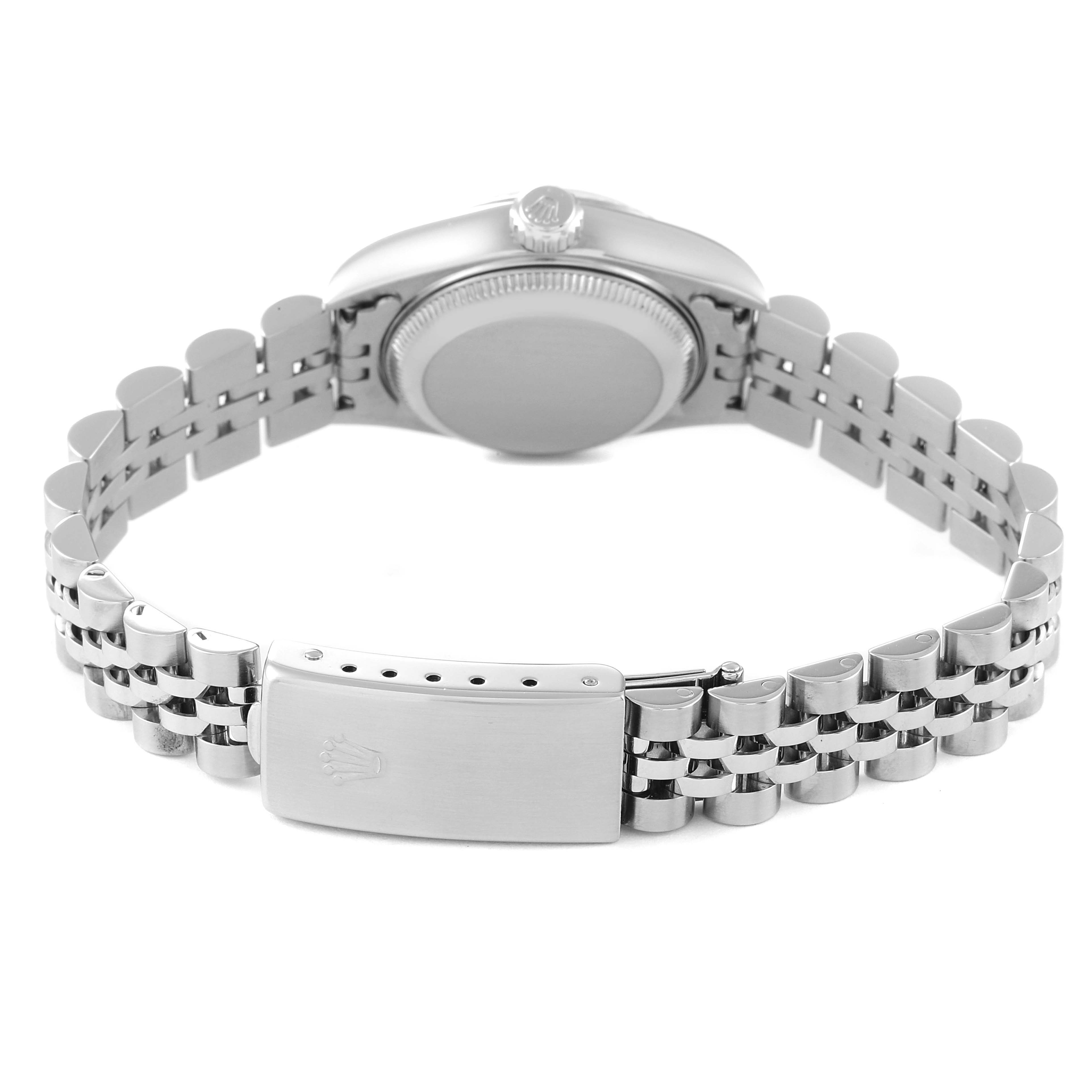 This image shows the back case and bracelet clasp of a Rolex Datejust 79174 Women's Stainless Steel Blue Dial 79174 Women's Stainless Steel Blue Dial watch from a rear angle.