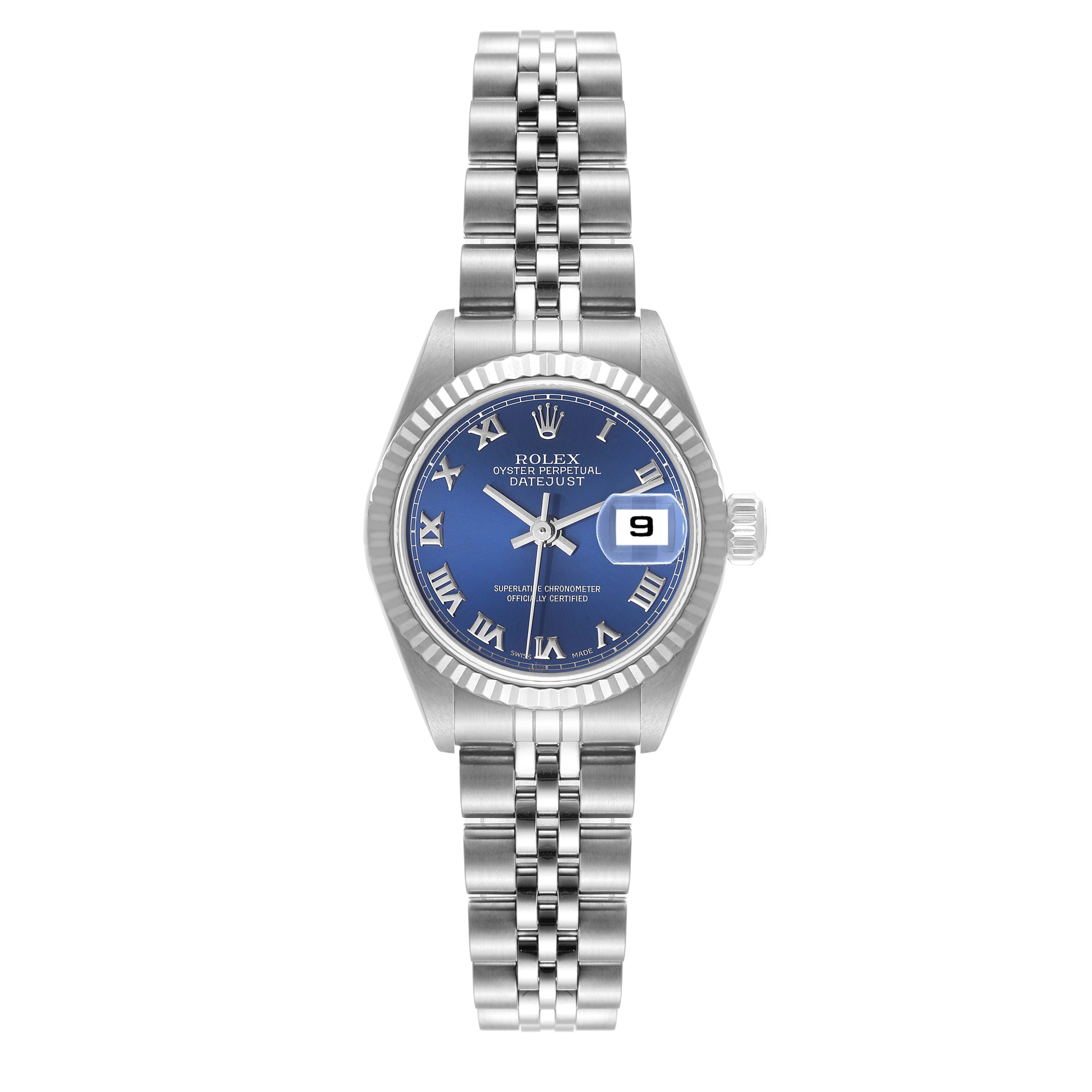The image shows a Rolex Datejust 79174 Women's Stainless Steel Blue Dial 79174 Women's Stainless Steel Blue Dial watch from the front, displaying its blue dial, date window, and jubilee bracelet.