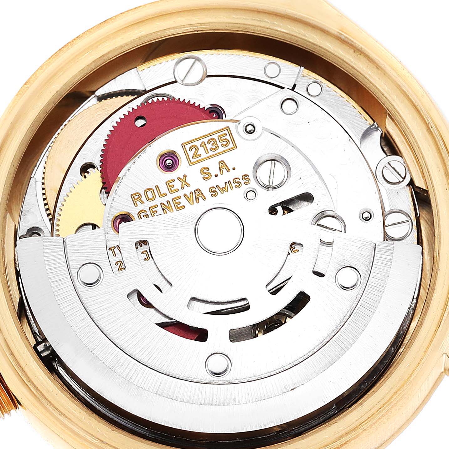 The image shows the internal mechanism and movement of a Rolex President 69278 Women's Yellow Gold Champagne Dial 69278 Women's Yellow Gold Champagne Dial model watch from a top-down angle.