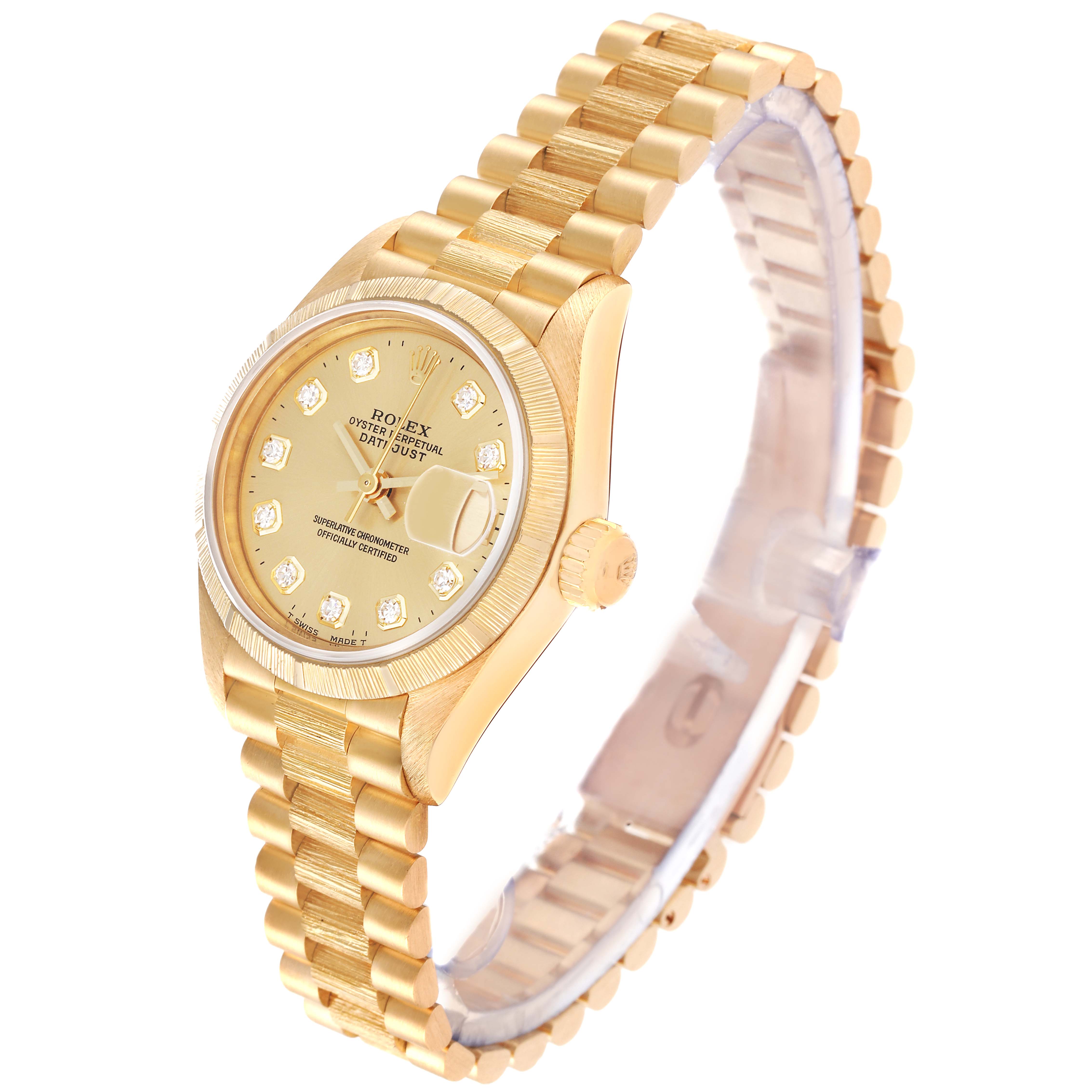 The image shows a President model Rolex watch from an angle showcasing the dial, bracelet, and side profile.