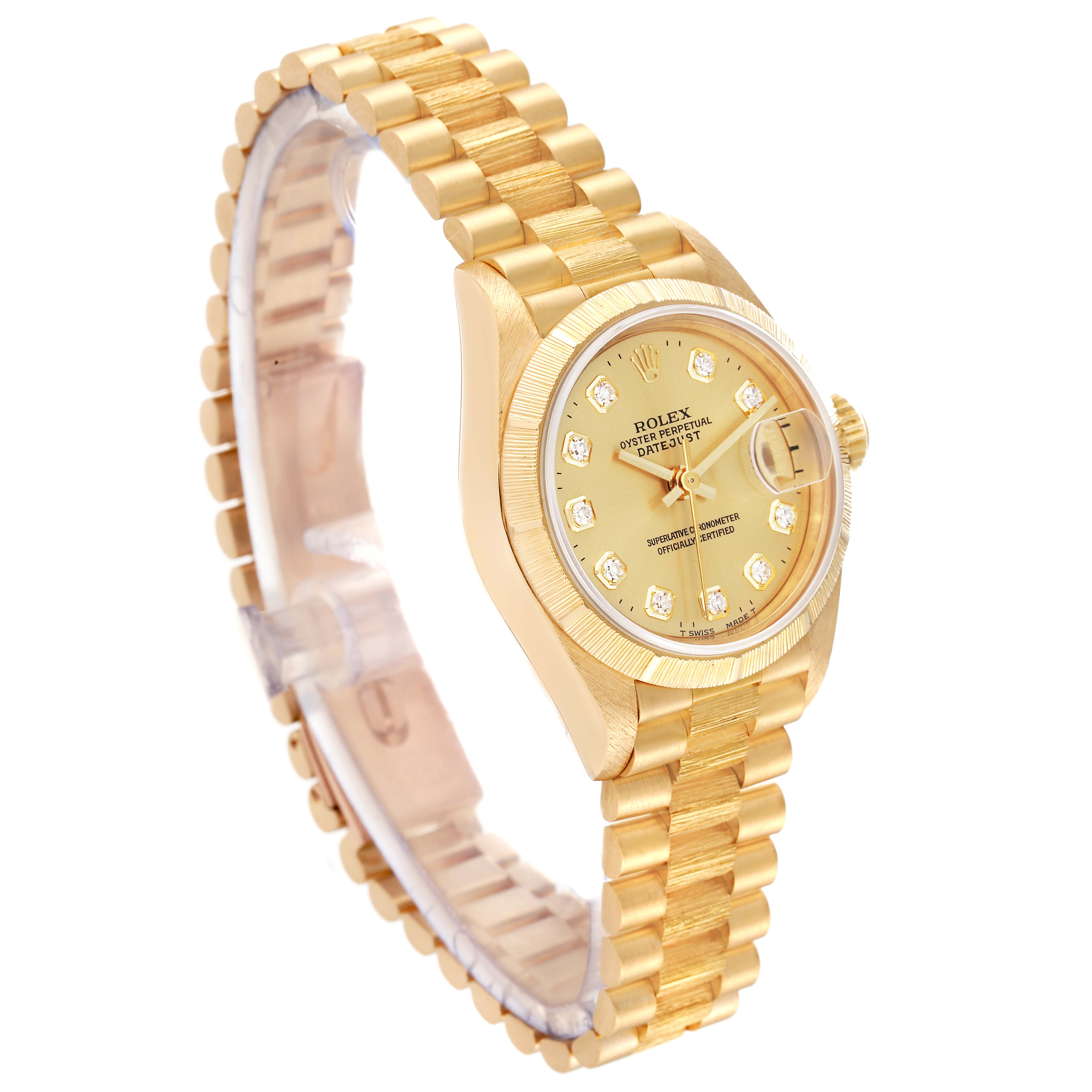 The image shows a side angle of a Rolex President 69278 Women's Yellow Gold Champagne Dial 69278 Women's Yellow Gold Champagne Dial model, displaying the watch face, bezel, and bracelet.