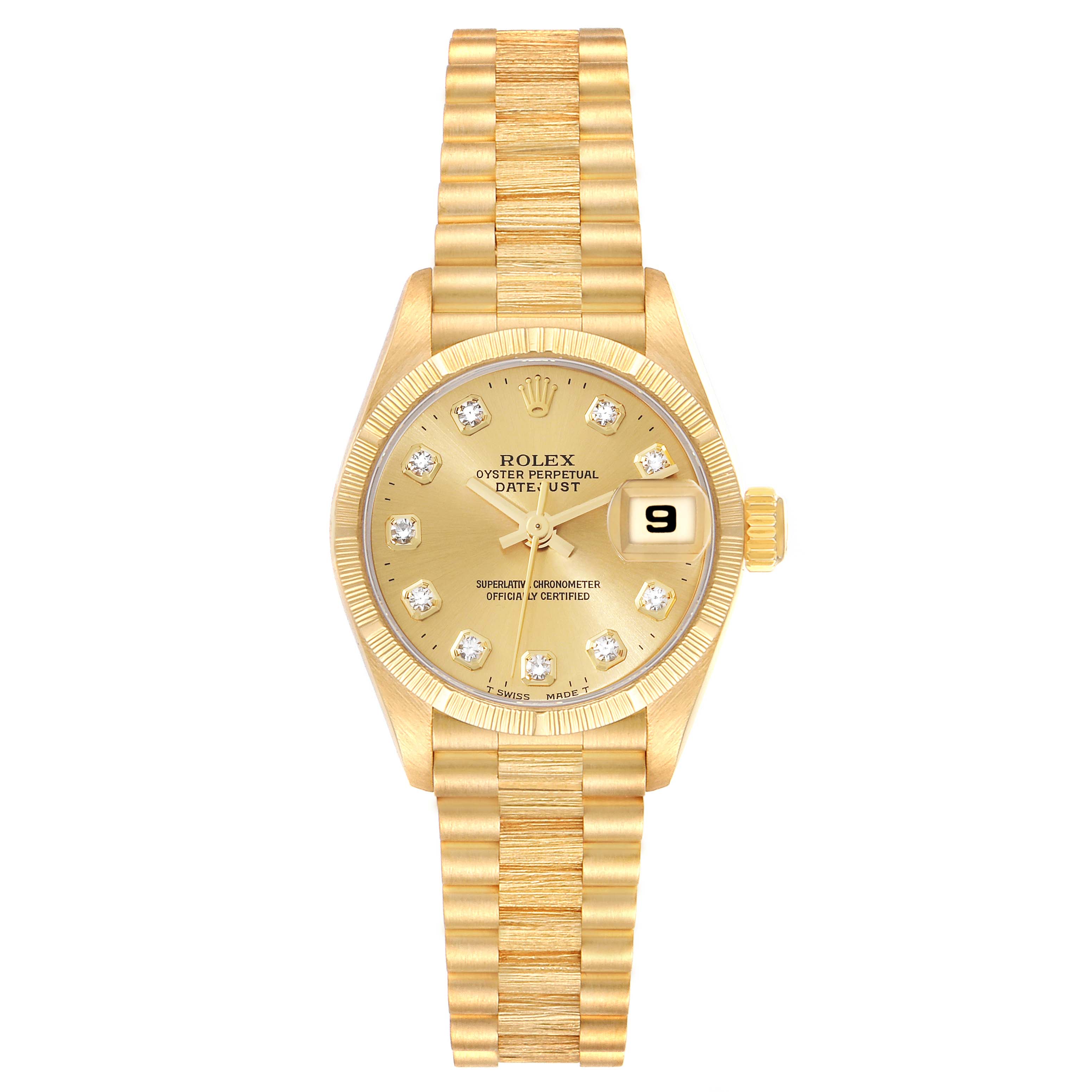 This image shows a gold Rolex President 69278 Women's Yellow Gold Champagne Dial 69278 Women's Yellow Gold Champagne Dial model watch with a date display and diamond markers, viewed from the front.