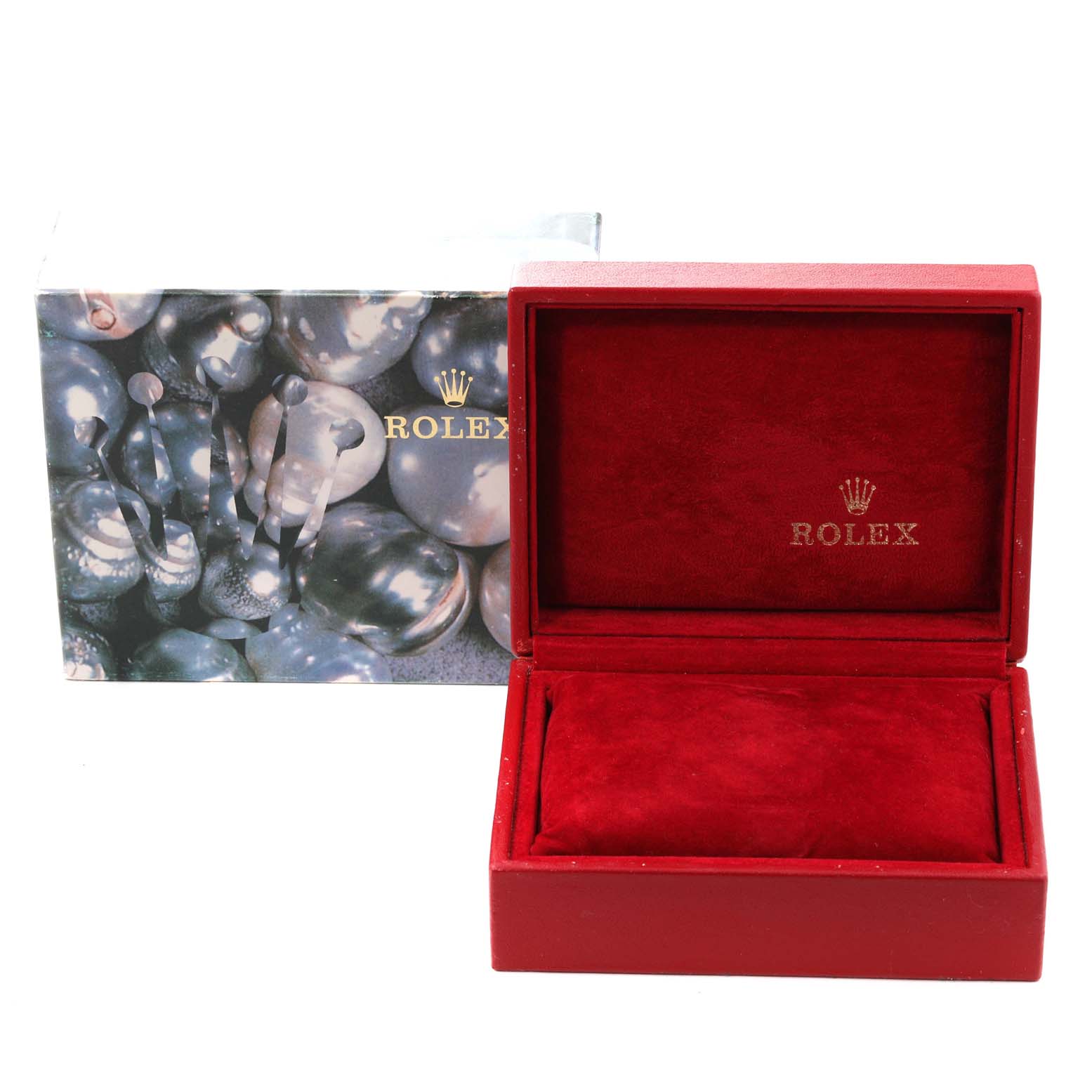 This image shows a Rolex President 69278 Women's Yellow Gold Champagne Dial 69278 Women's Yellow Gold Champagne Dial model watch box and its exterior packaging, both featuring the Rolex logo.