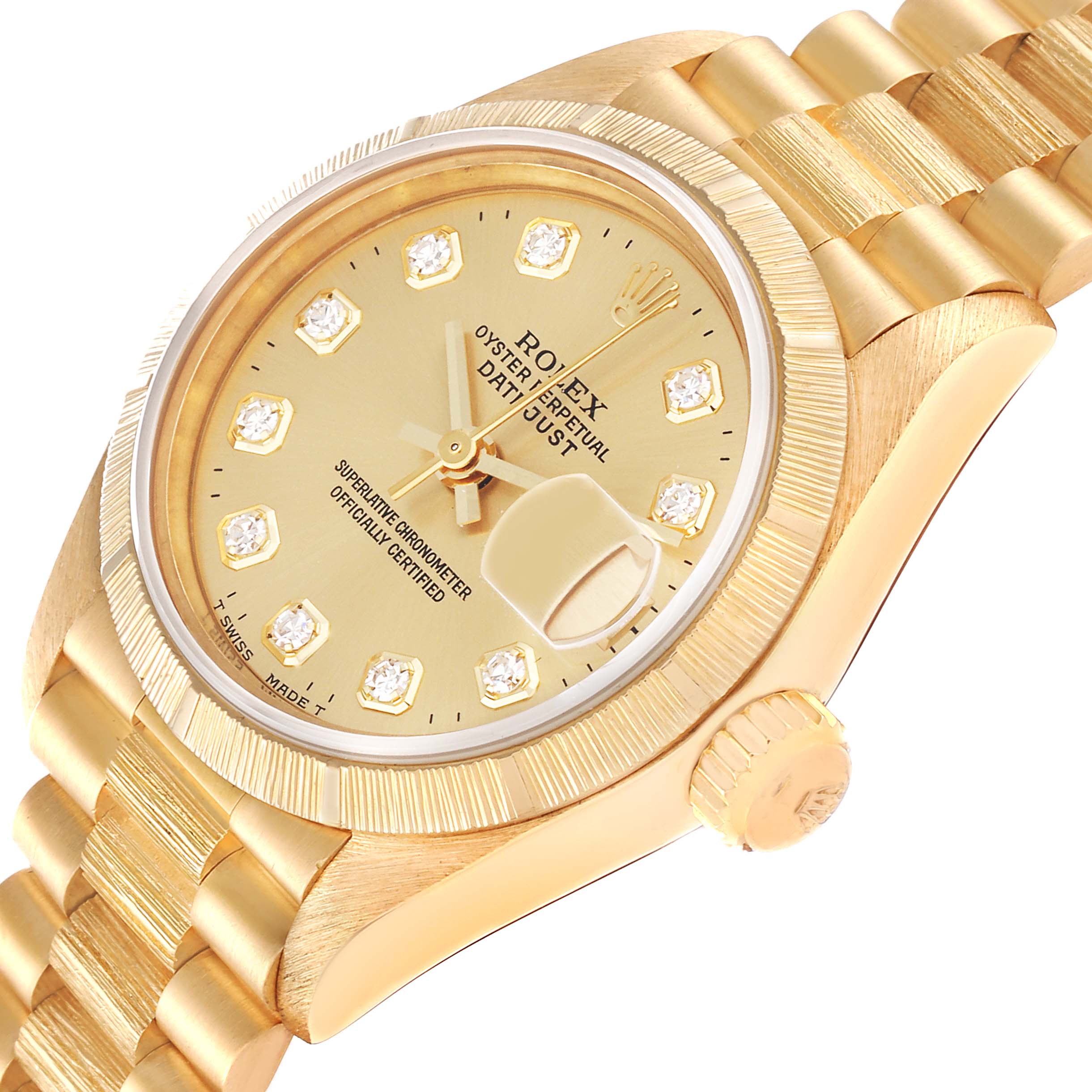 The image shows a close-up angle of the Rolex President 69278 Women's Yellow Gold Champagne Dial 69278 Women's Yellow Gold Champagne Dial model watch, highlighting the dial, bezel, crown, and part of the bracelet.