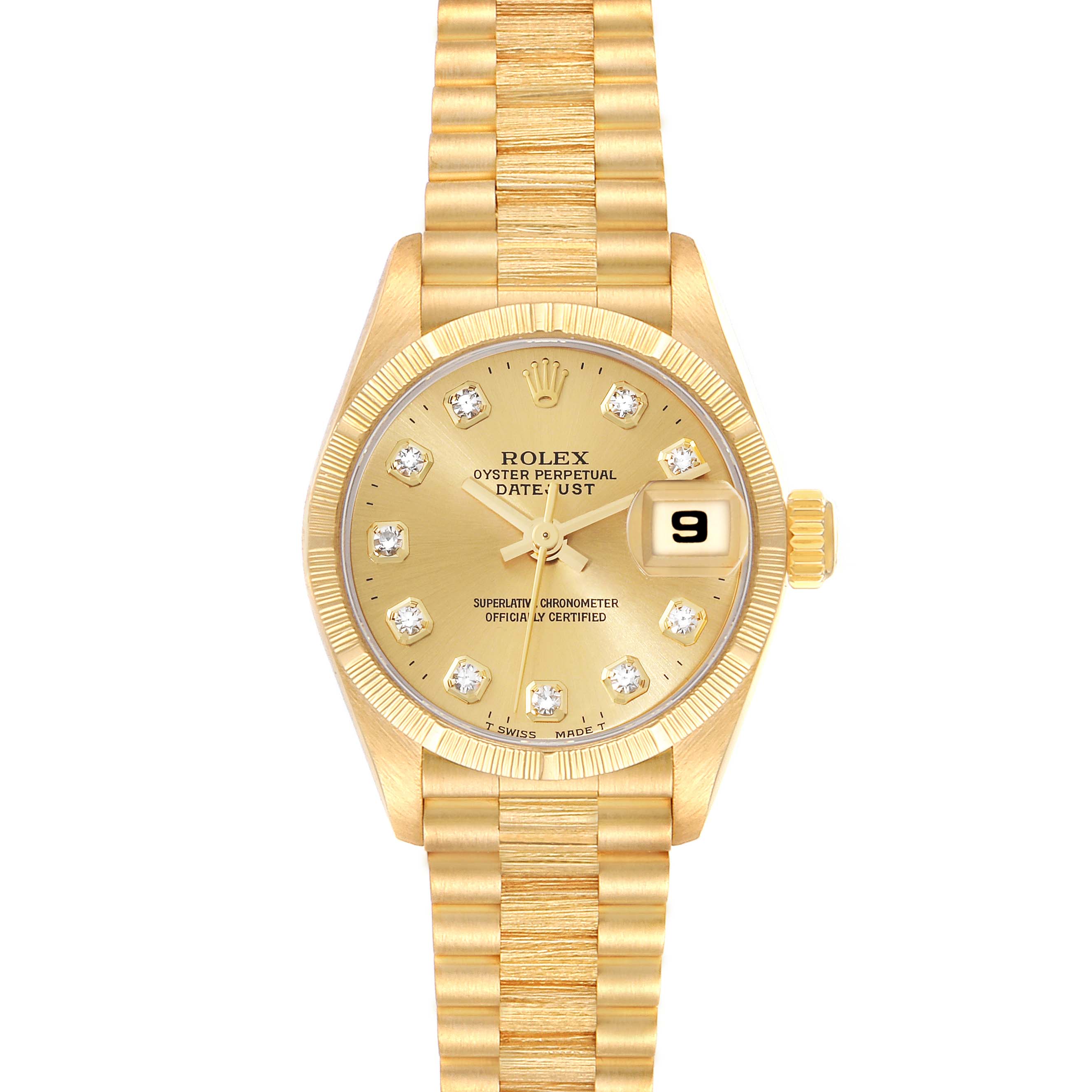 This image shows a front view of a Rolex President 69278 Women's Yellow Gold Champagne Dial 69278 Women's Yellow Gold Champagne Dial model watch with a gold dial and bracelet, featuring diamond hour markers and a date display.