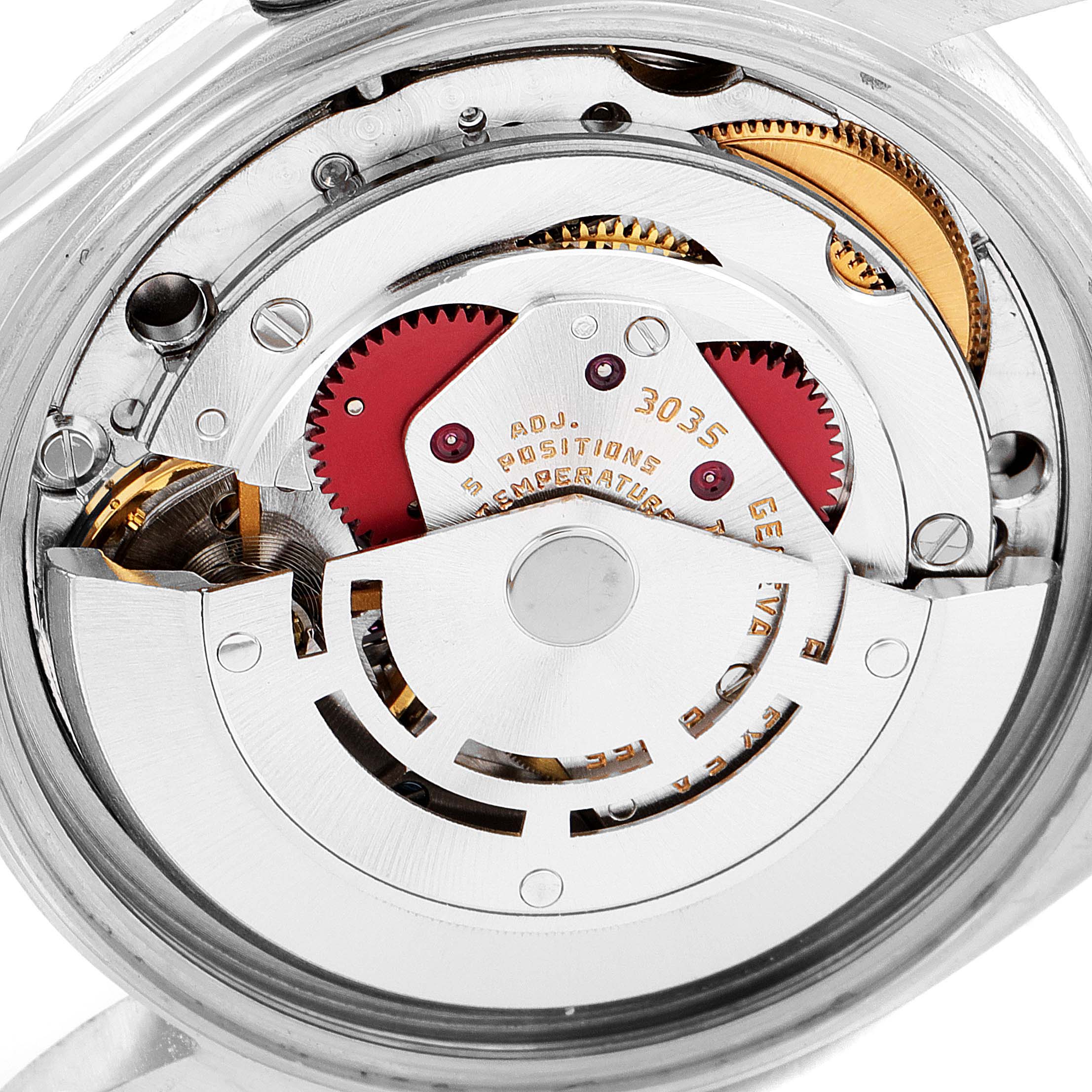 The image shows a close-up view of the Rolex Vintage Collection 16030 Men's Stainless Steel Silver Dial 16030 Men's Stainless Steel Silver Dial watch movement, highlighting gears and inner components.