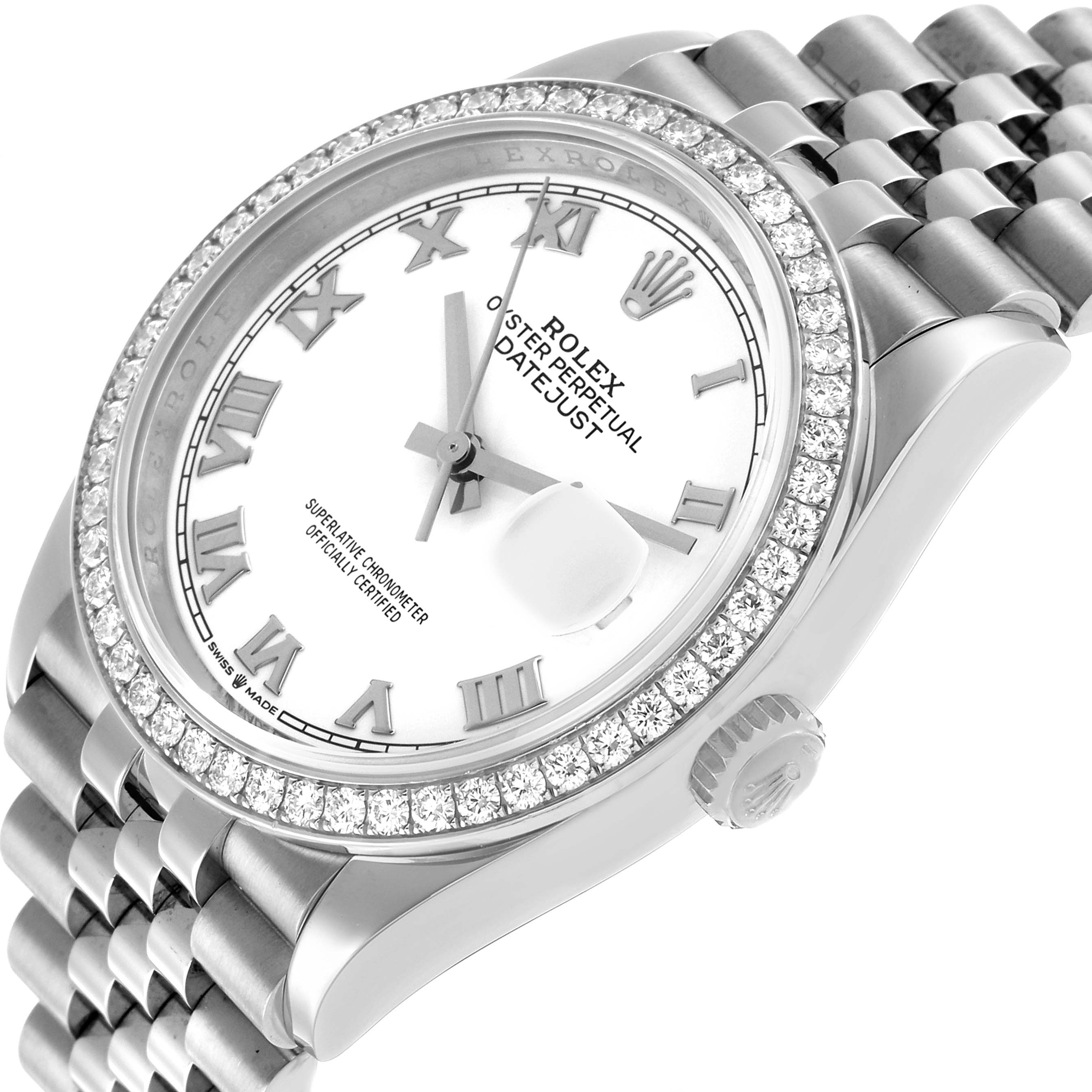 The Rolex Datejust 126284 Men's Stainless Steel White Dial watch is shown at a slight angle, highlighting the bezel, dial, crown, and Jubilee bracelet.