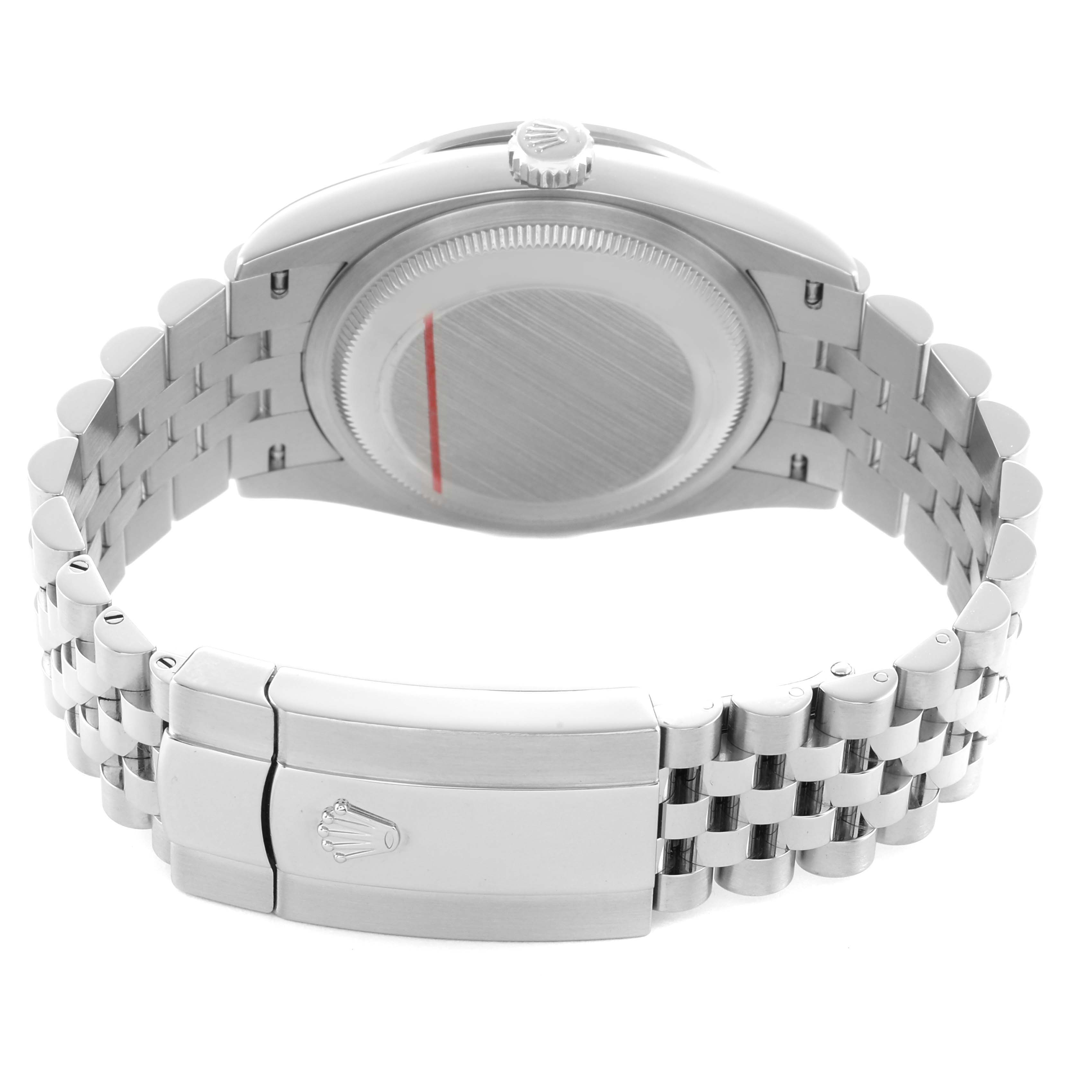 The image shows the back and clasp of the Rolex Datejust 126284 Men's Stainless Steel White Dial watch, highlighting the Jubilee bracelet and case back.