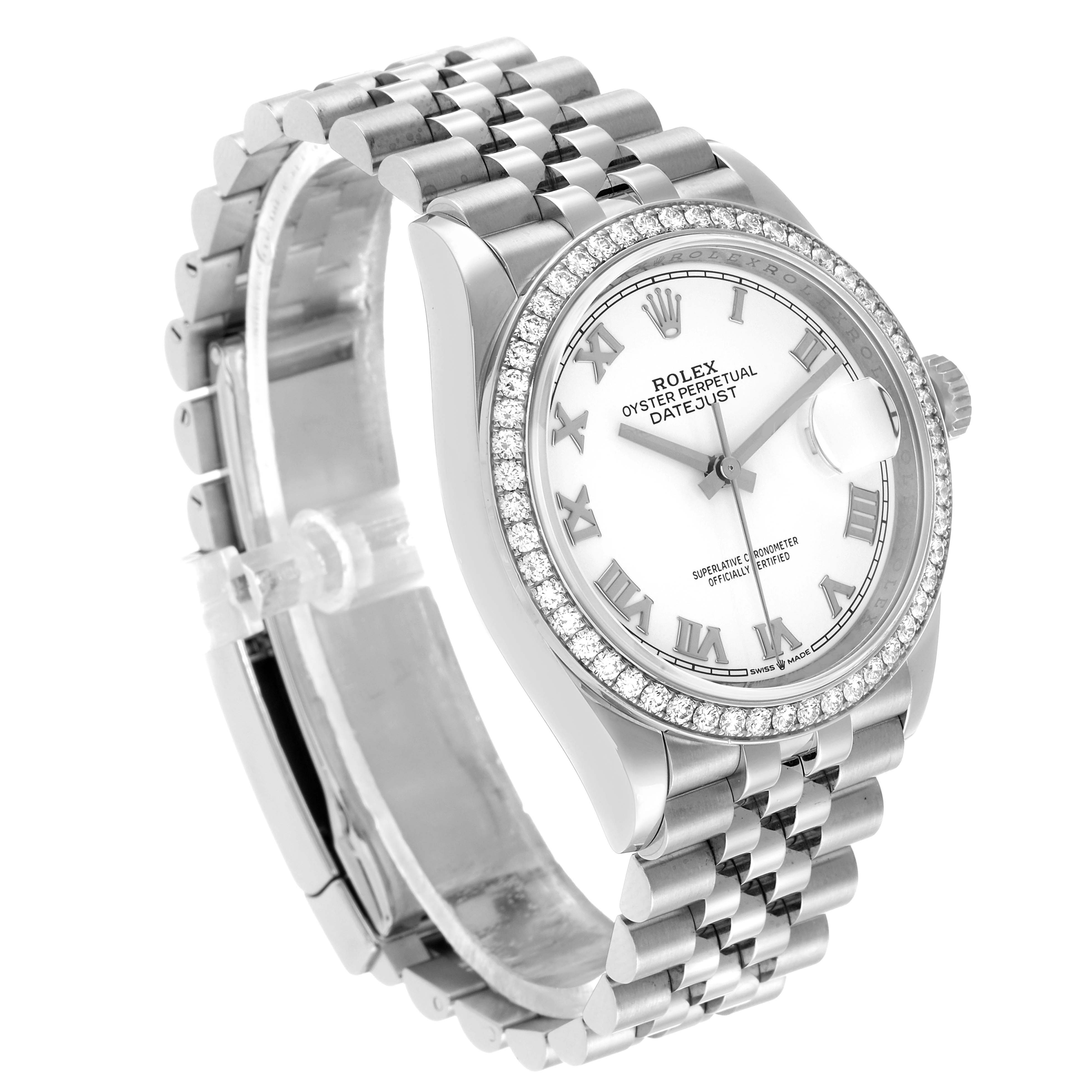 The Rolex Datejust 126284 Men's Stainless Steel White Dial watch is shown at a three-quarter angle, highlighting the face, bezel, bracelet, and crown.