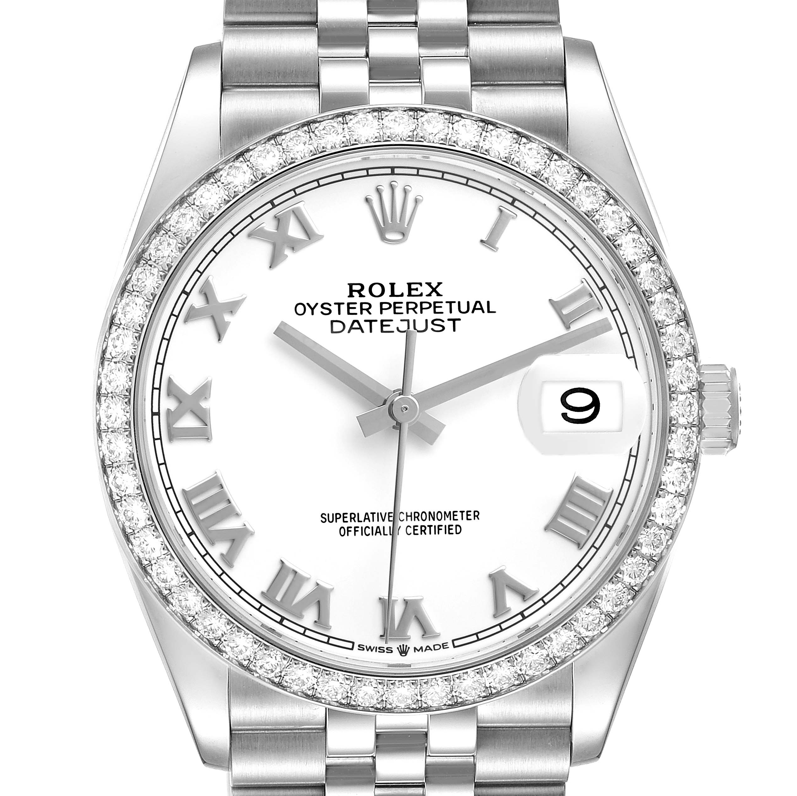 The image shows a front view of a Rolex Datejust 126284 Men's Stainless Steel White Dial watch, highlighting the dial, bezel, and part of the bracelet.