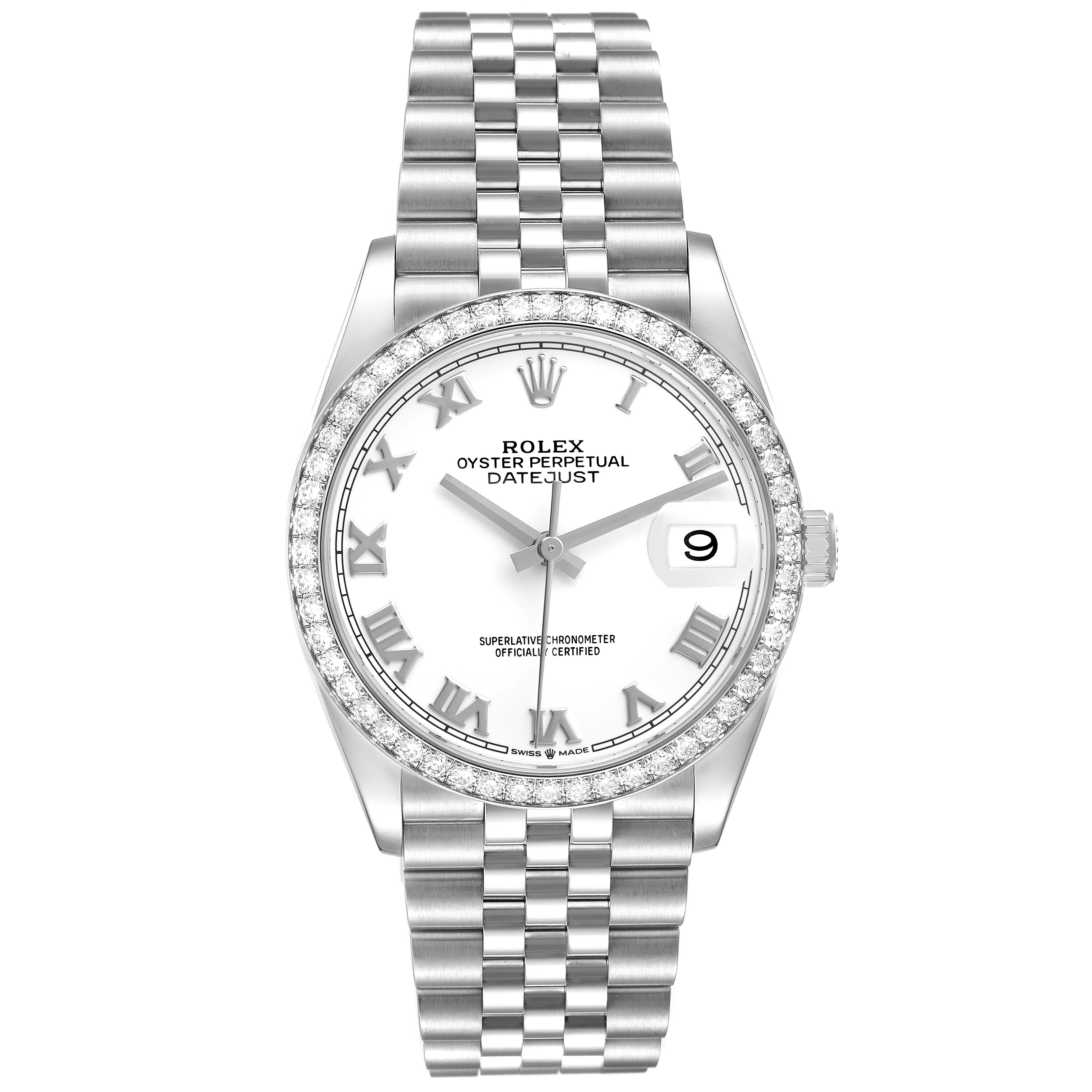 The Rolex Datejust 126284 Men's Stainless Steel White Dial watch is shown from the front, displaying the dial, bezel, hands, date window, and bracelet.