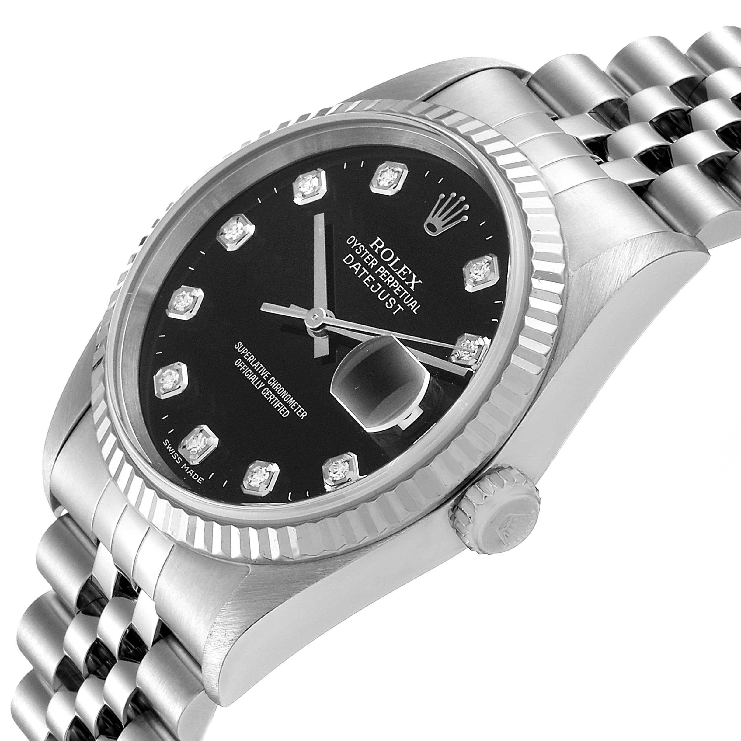 The image shows a close-up side view of the Rolex Datejust 16234 Men's Stainless Steel Black Dial 16234 Men's Stainless Steel Black Dial model, featuring its black dial, fluted bezel, and Jubilee bracelet.