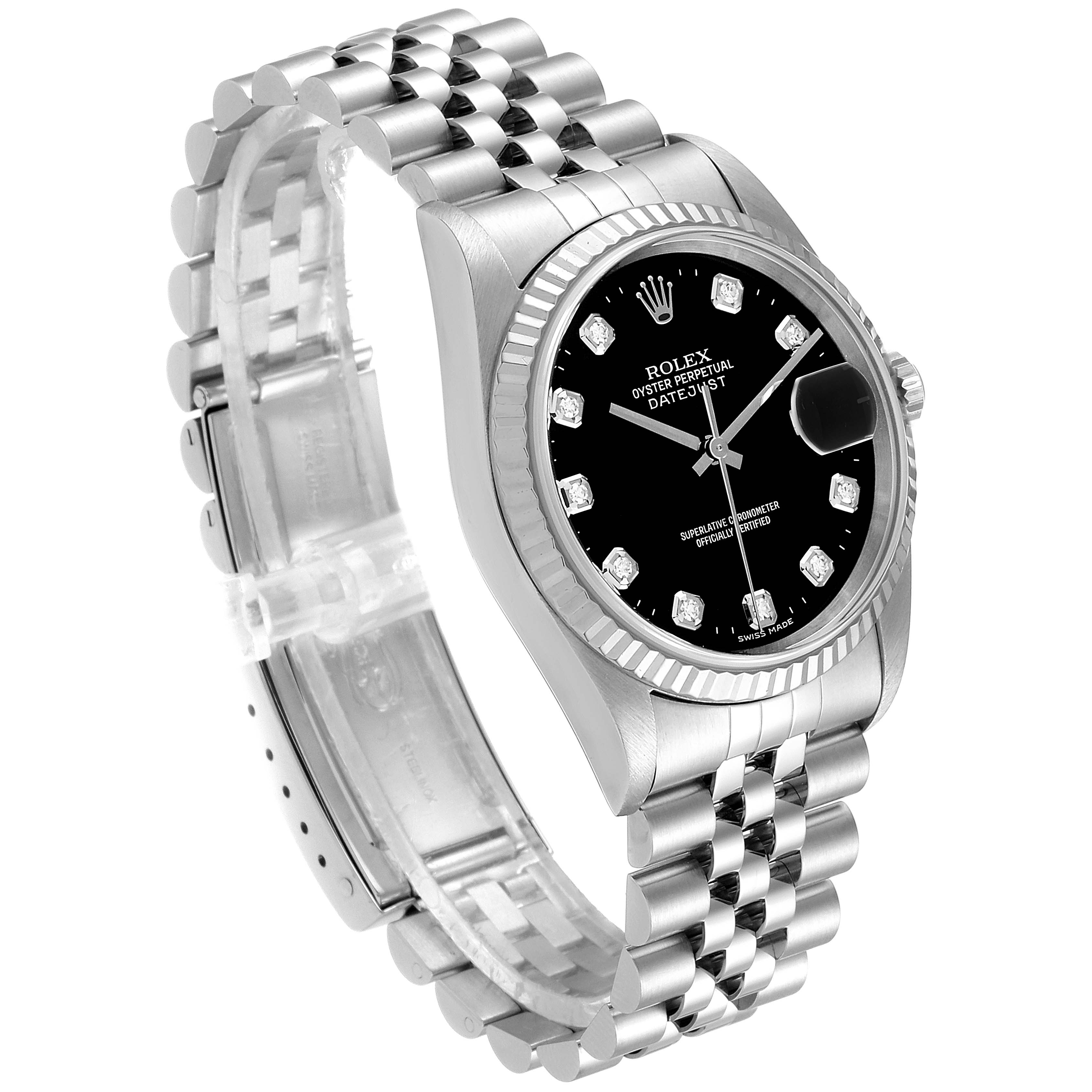 The Rolex Datejust 16234 Men's Stainless Steel Black Dial 16234 Men's Stainless Steel Black Dial watch is shown at a slight angle, displaying its face, bezel, crown, and bracelet.