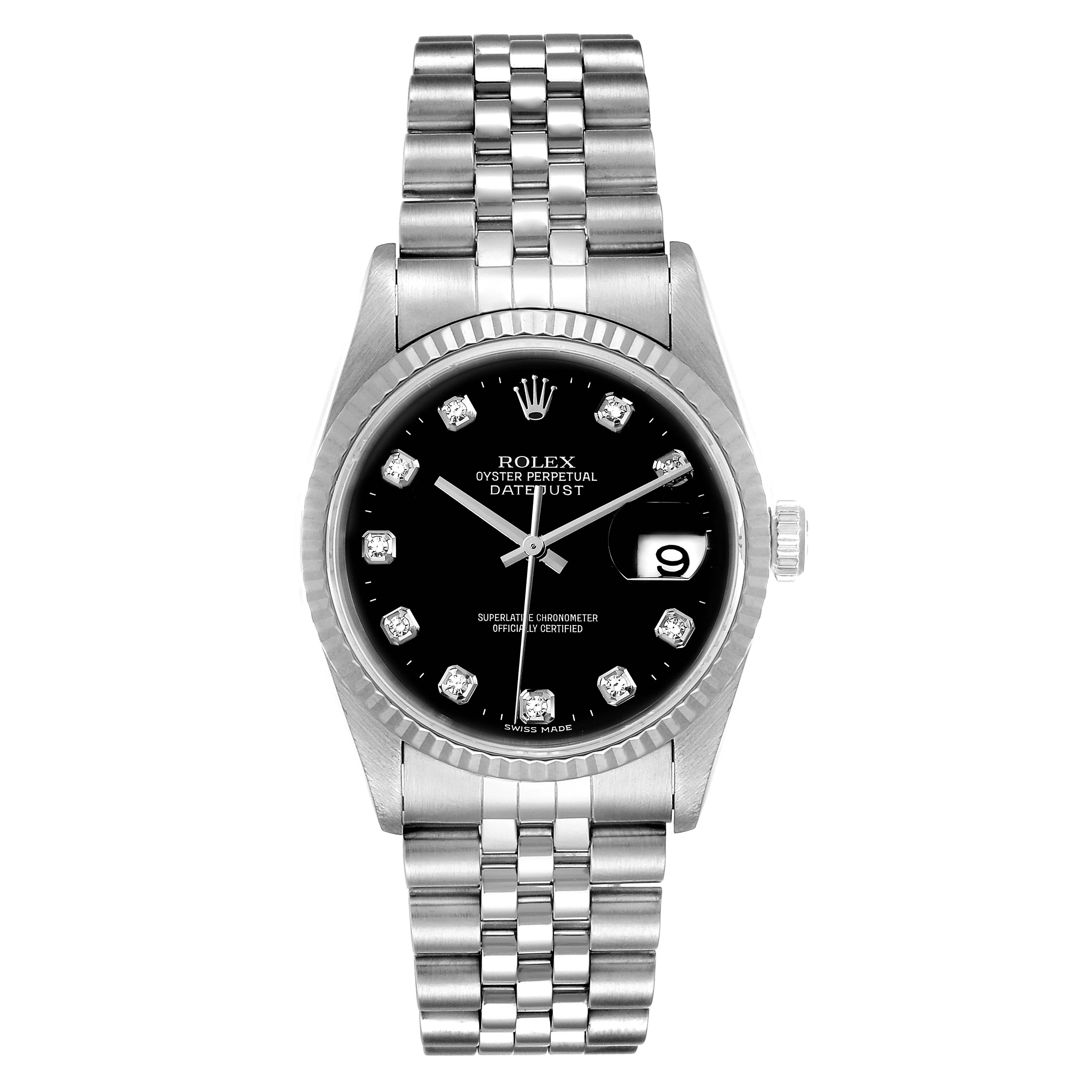 This image shows a frontal view of a Rolex Datejust 16234 Men's Stainless Steel Black Dial 16234 Men's Stainless Steel Black Dial watch, displaying its black dial, jubilee bracelet, date feature, and diamond hour markers.