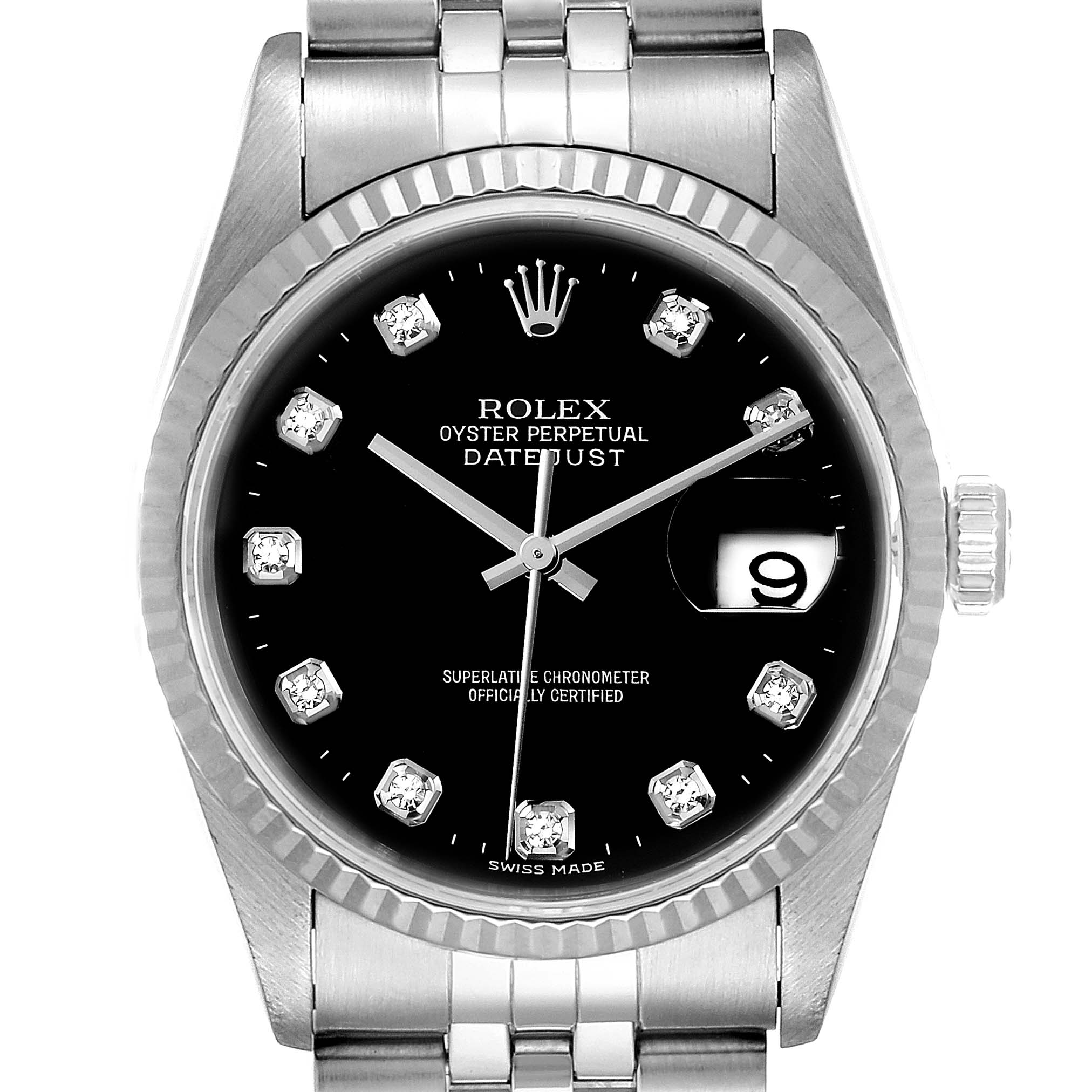 This image shows a front view of a Rolex Datejust 16234 Men's Stainless Steel Black Dial 16234 Men's Stainless Steel Black Dial watch, displaying the dial, bezel, and part of the bracelet.