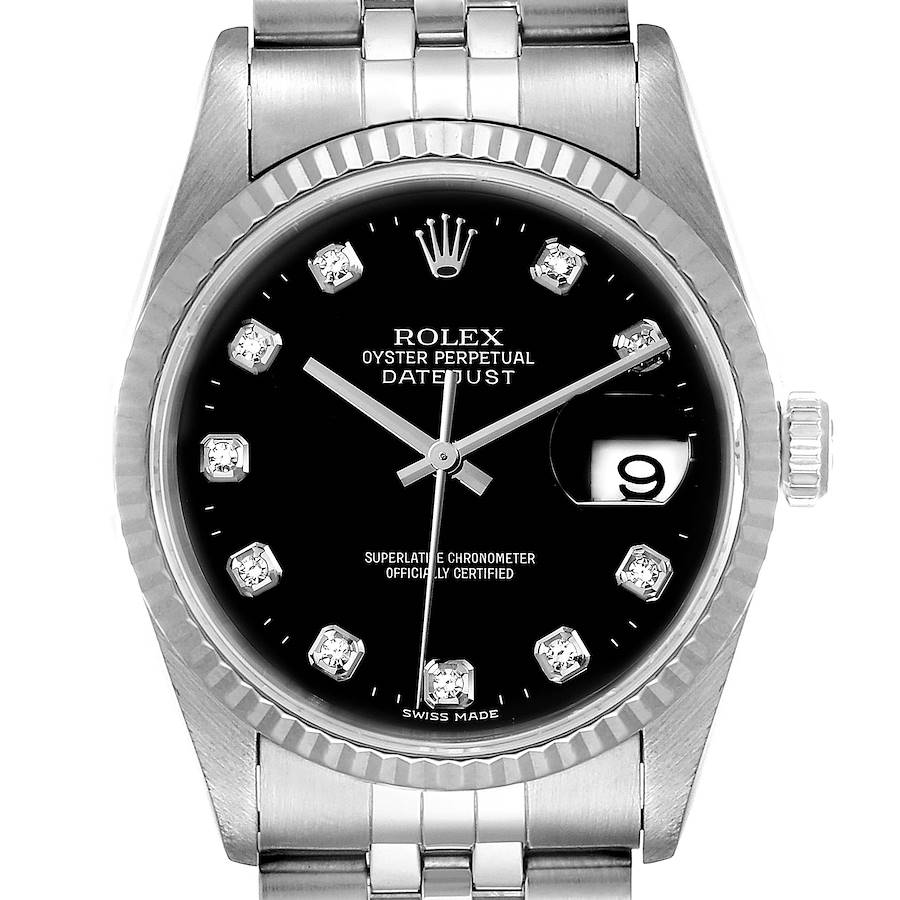 Rolex Datejust Steel White Gold Black Diamond Dial Mens Watch 16234 Box SwissWatchExpo