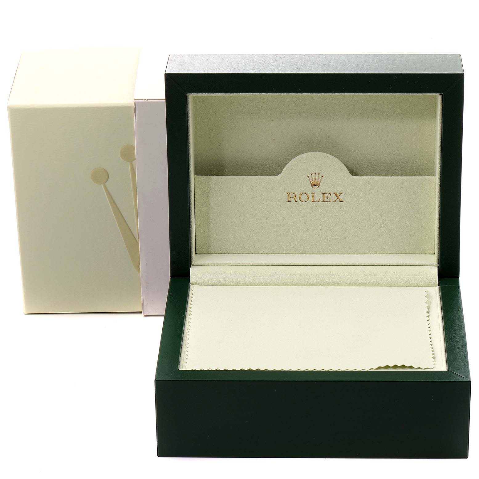 This image shows an open box for the Rolex Datejust 16234 Men's Stainless Steel Black Dial 16234 Men's Stainless Steel Black Dial watch, showcasing the interior with the Rolex logo.